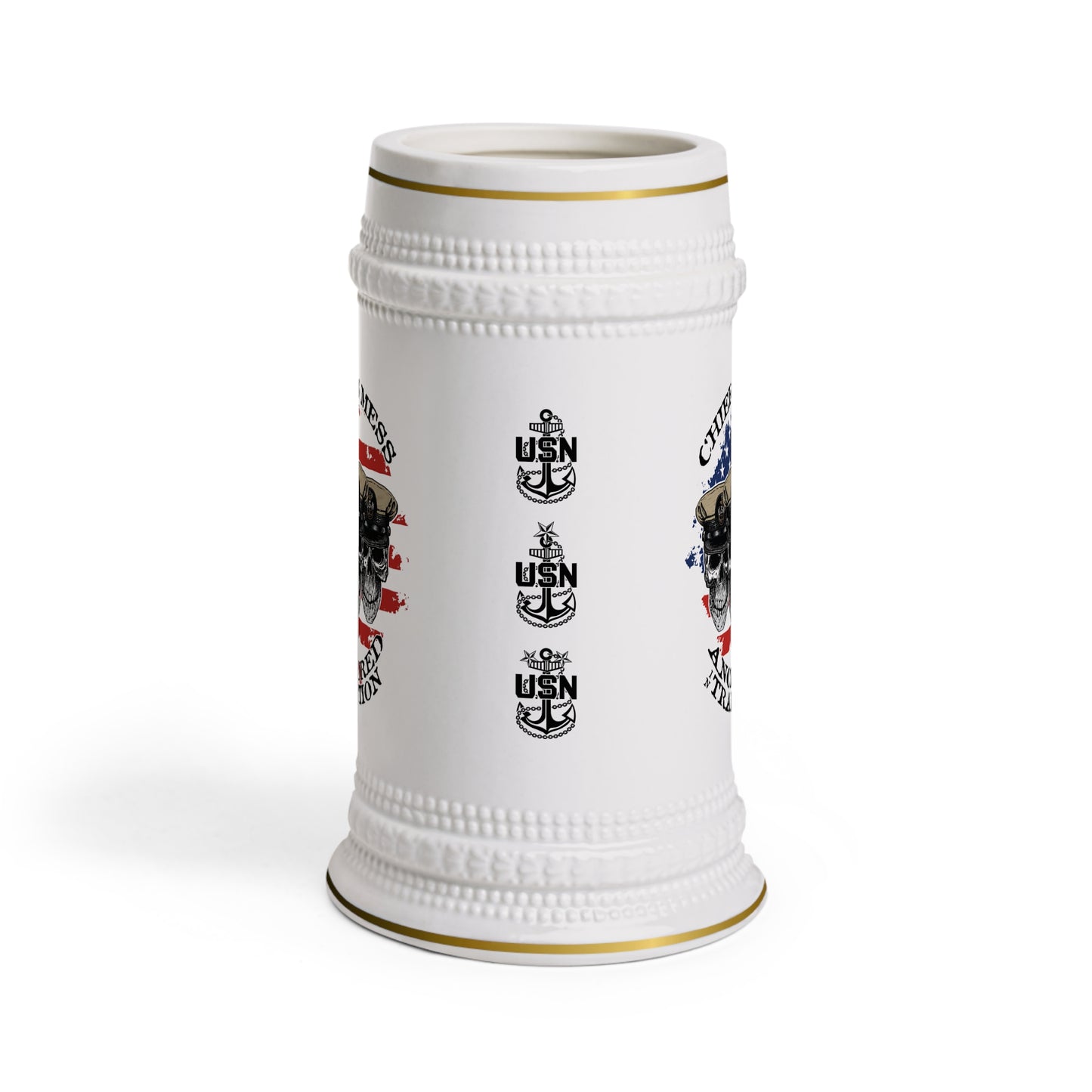 US Navy Chief's Mess Anchored Tradition CPO Skulls on Distressed USA Flag Stein Mug