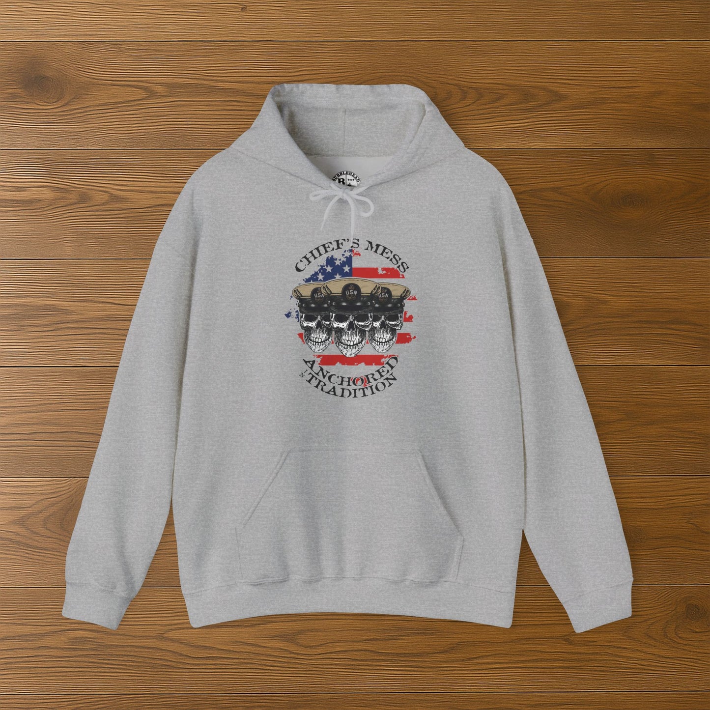 Chief's Mess Anchored Tradition CPO Sailor Skulls on Distressed USA Flag Unisex Heavy Blend™ Hooded Sweatshirt
