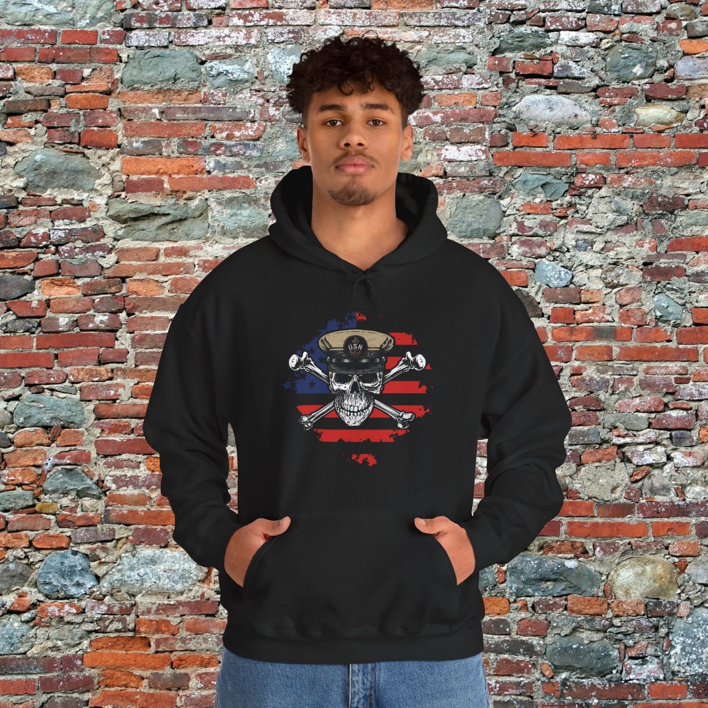 Navy Chief Skull & Crossbones on Distressed American Flag Unisex Heavy Blend™ Hooded Sweatshirt