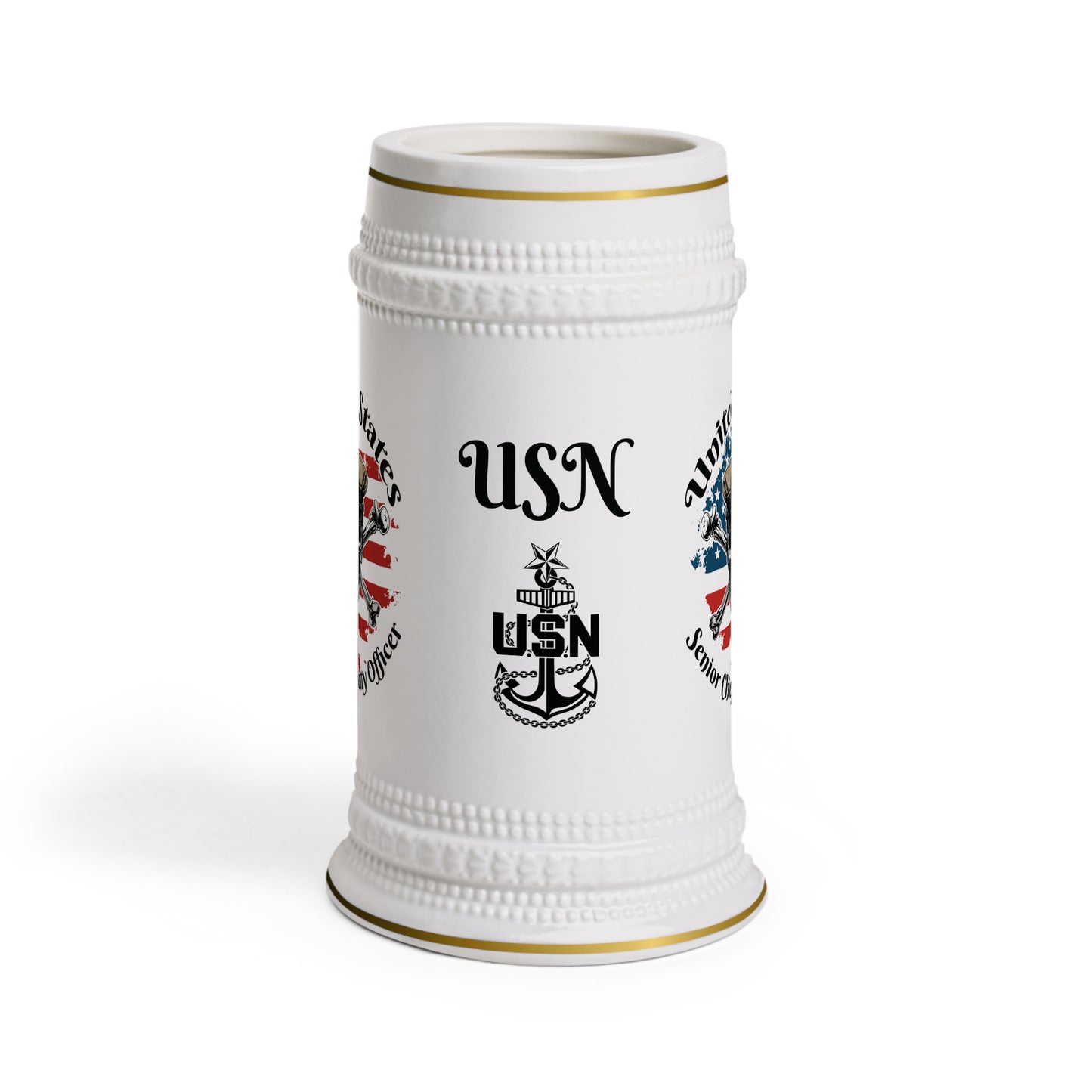 United States Navy Senior Chief Petty Officer Skull & Crossbones on American Flag Stein Mug