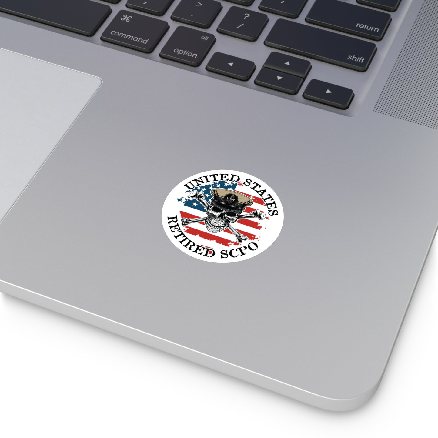 United States Retired SCPO Skull Crossbones Senior Chief Petty Officer with Distressed American Flag Master Round Sticker