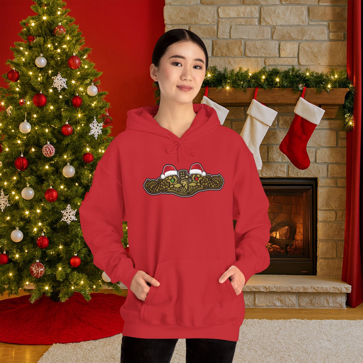 United States Submarine Force Gold Dolphins Christmas Hats with Red and Green Eyes Unisex Heavy Blend™ Hooded Sweatshirt