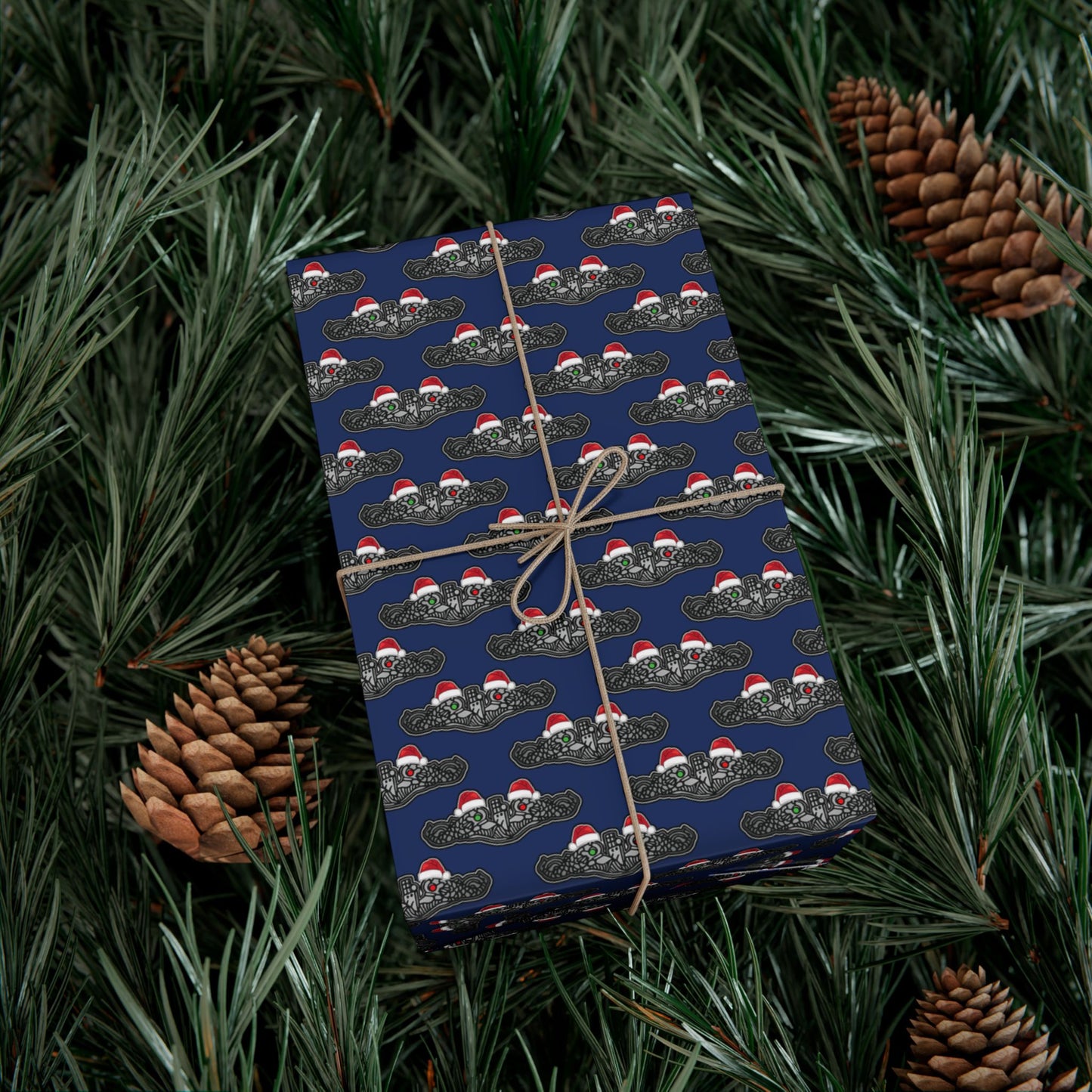 United States Navy Submarine Force Silver Enlisted Dolphins Christmas Hats with Red and Green Eyes Blue Gift Wrap Papers