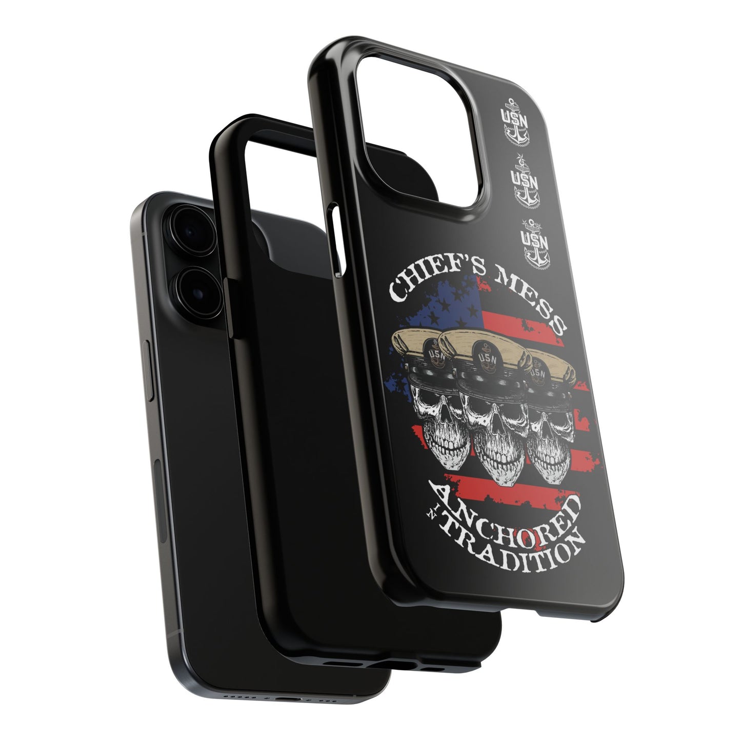 Chief's Mess Anchored Tradition CPO Sailor Skulls on Distressed USA Flag Black Tough iPhone Case
