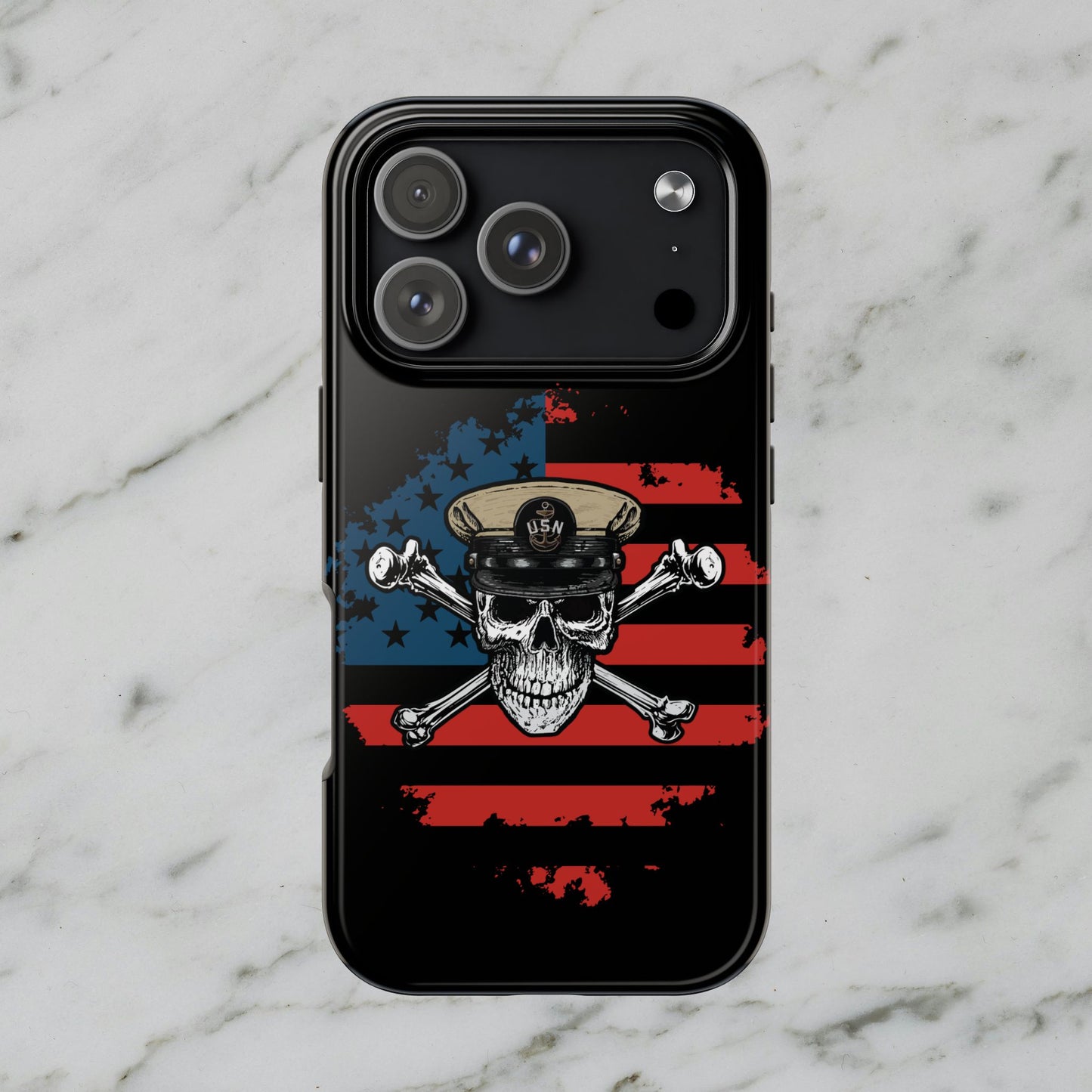 Naval Chief Skull & Crossbones on American Flag Black Tough iPhone Case