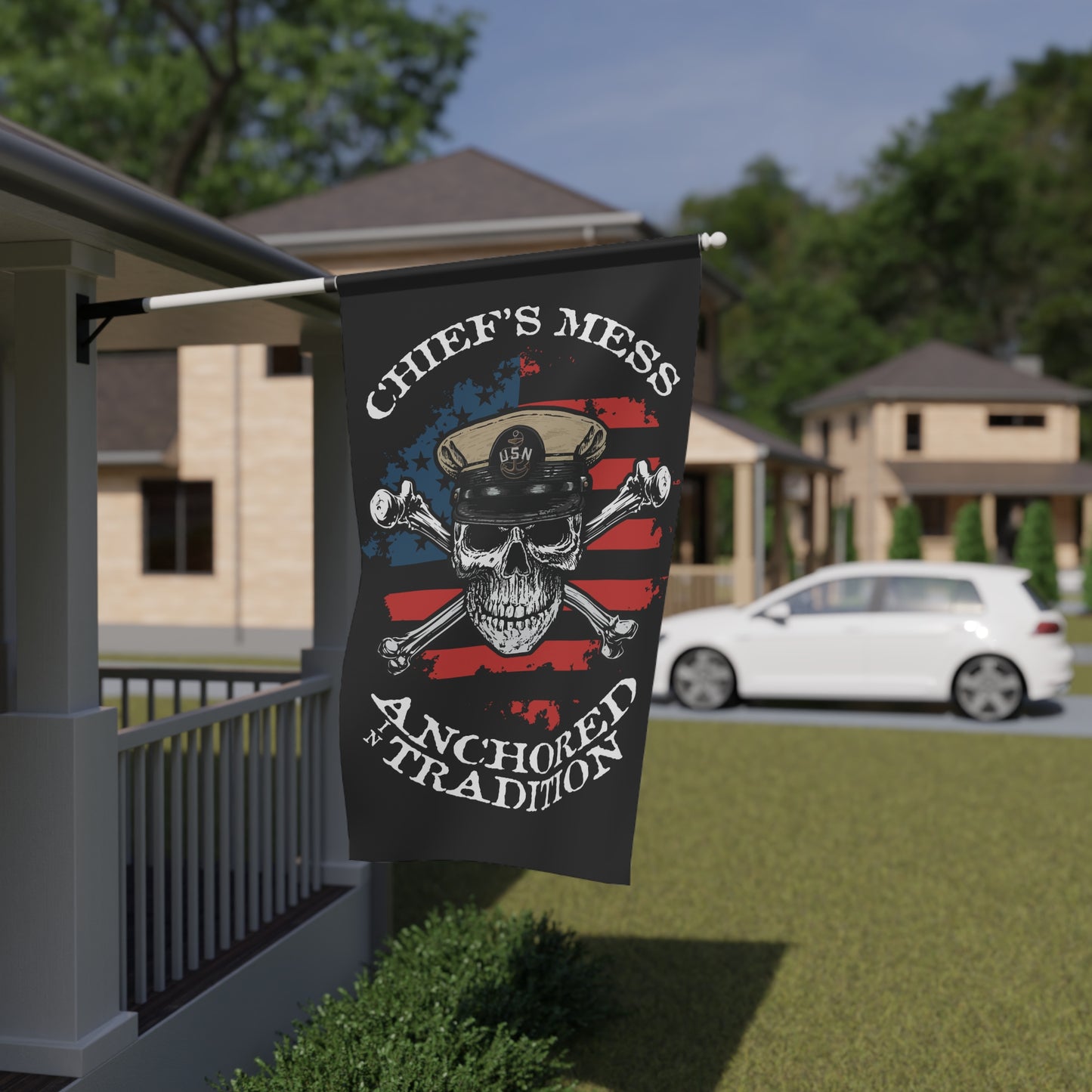 Navy Chief's Mess Anchored Tradition CPO Skull Crossbones Sailor with Distressed USA Flag on Black House Banner