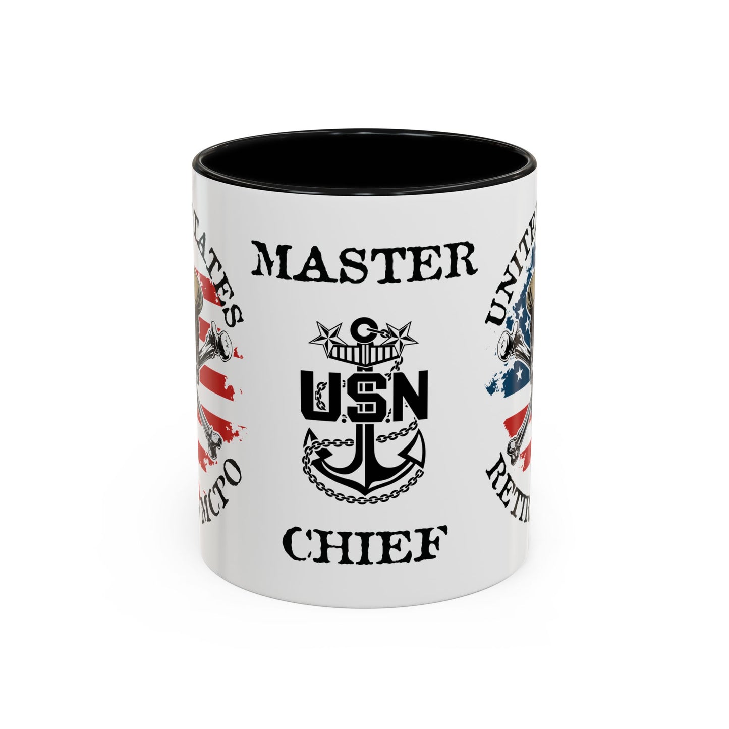 United States Navy Retired MCPO Skull Crossbones Master Chief Petty Officer Anchor with Distressed USA Flag Accent Coffee Mugs