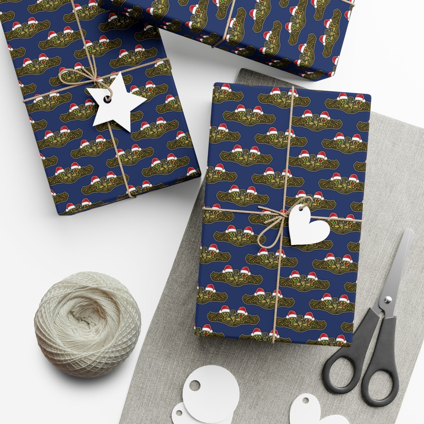 United States Navy Submarine Force Gold Officer Dolphins Christmas Hats with Red and Green Eyes Blue Gift Wrap Papers