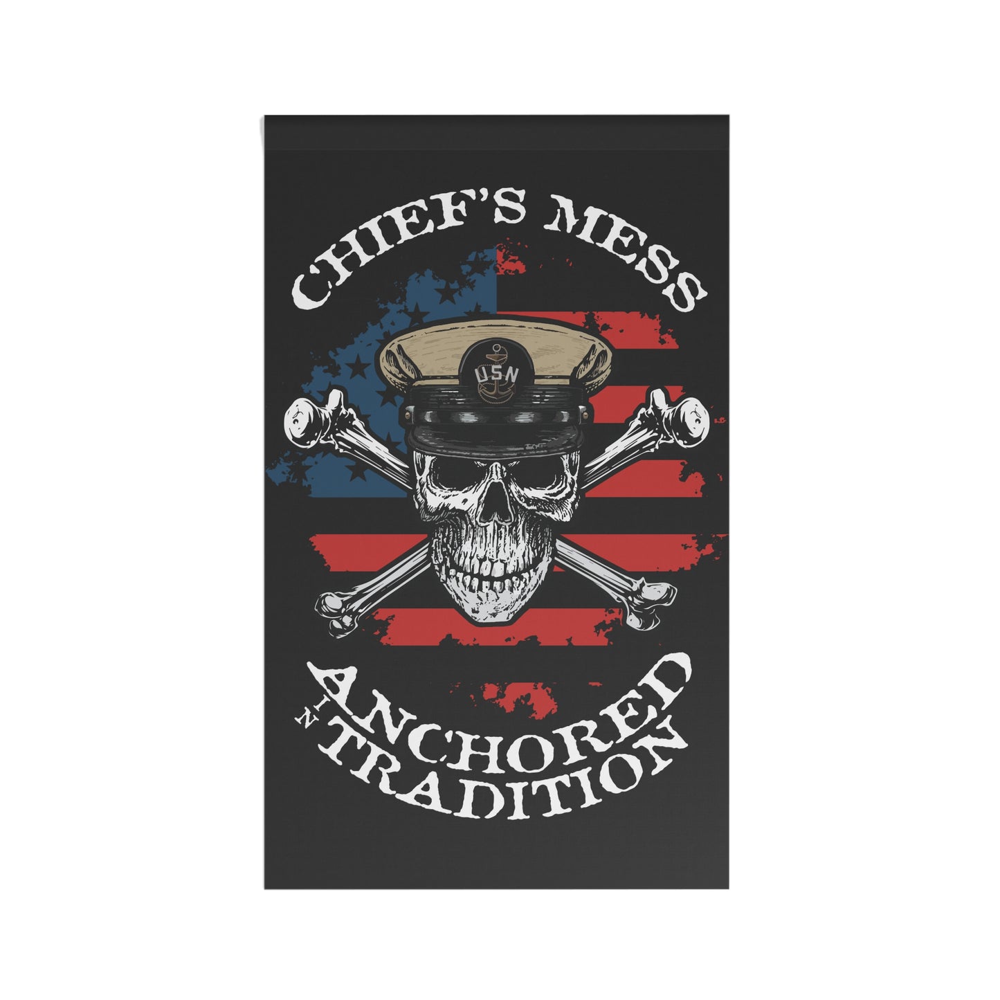 Navy Chief's Mess Anchored Tradition CPO Skull Crossbones Sailor with Distressed USA Flag on Black House Banner