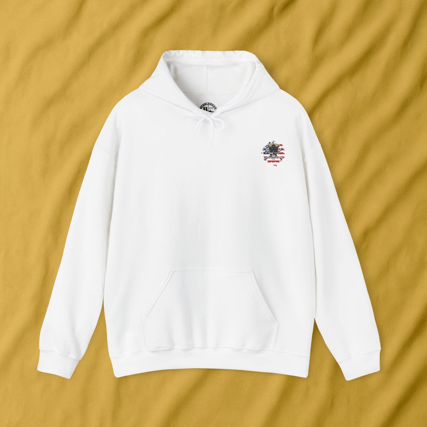 United States Retired CPO Skull Crossbones Chief Petty Officer on Distressed American Flag Mini Front Unisex Heavy Blend™ Hooded Sweatshirt