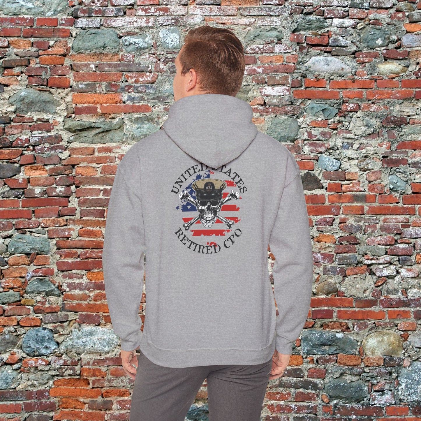 United States Retired CPO Skull Crossbones Chief Petty Officer on Distressed American Flag Mini Front Unisex Heavy Blend™ Hooded Sweatshirt