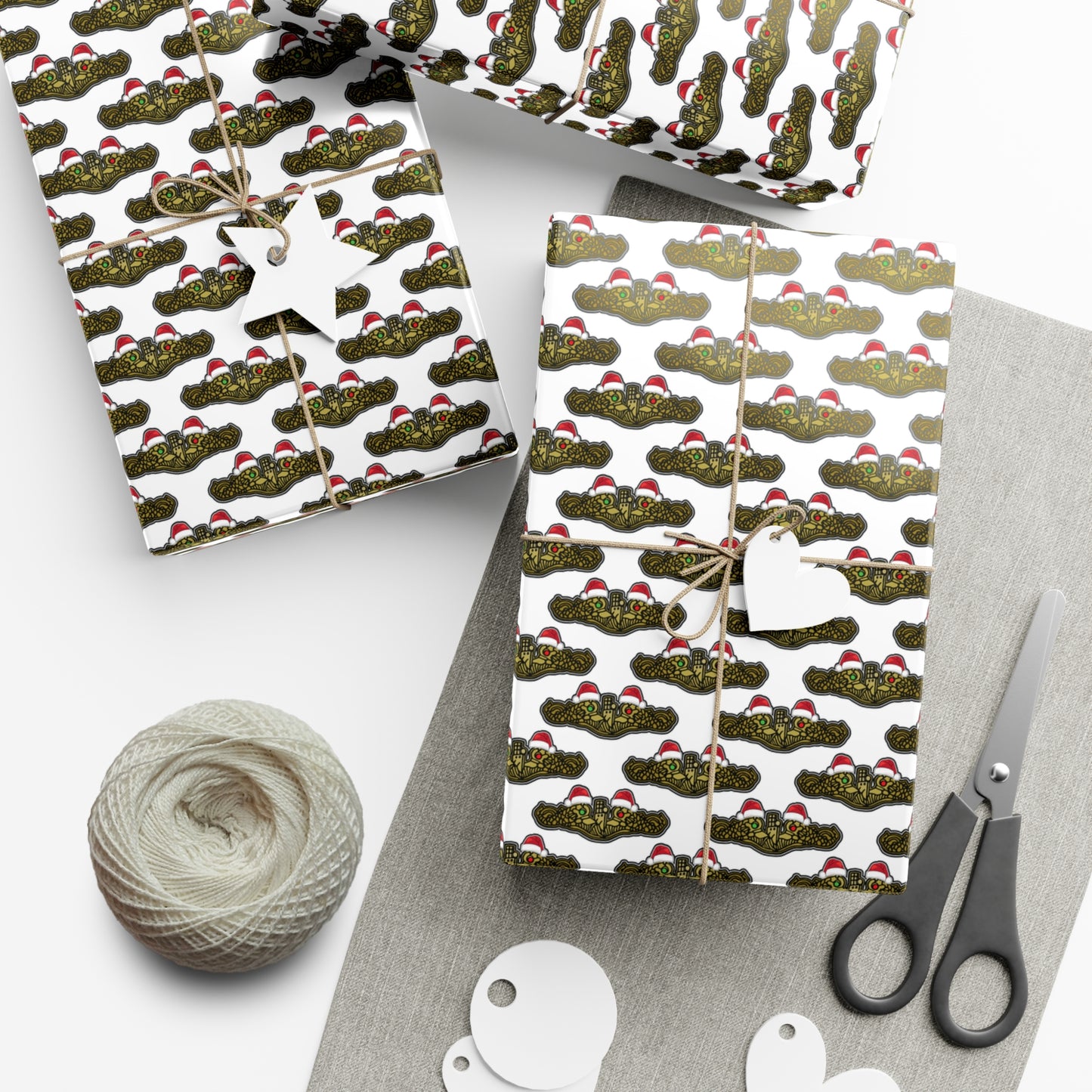 United States Navy Submarine Force Gold Officer Dolphins Christmas Hats with Red and Green Eyes White Gift Wrap Papers