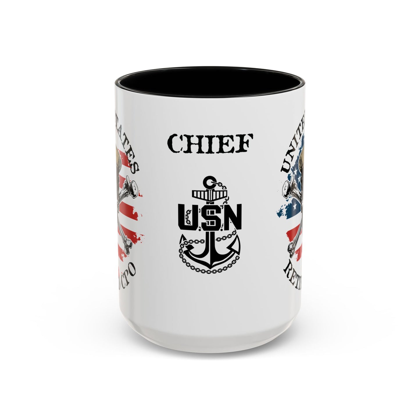United States Navy Retired CPO Skull Crossbones Chief Petty Officer Anchor with Distressed USA Flag Accent Coffee Mugs
