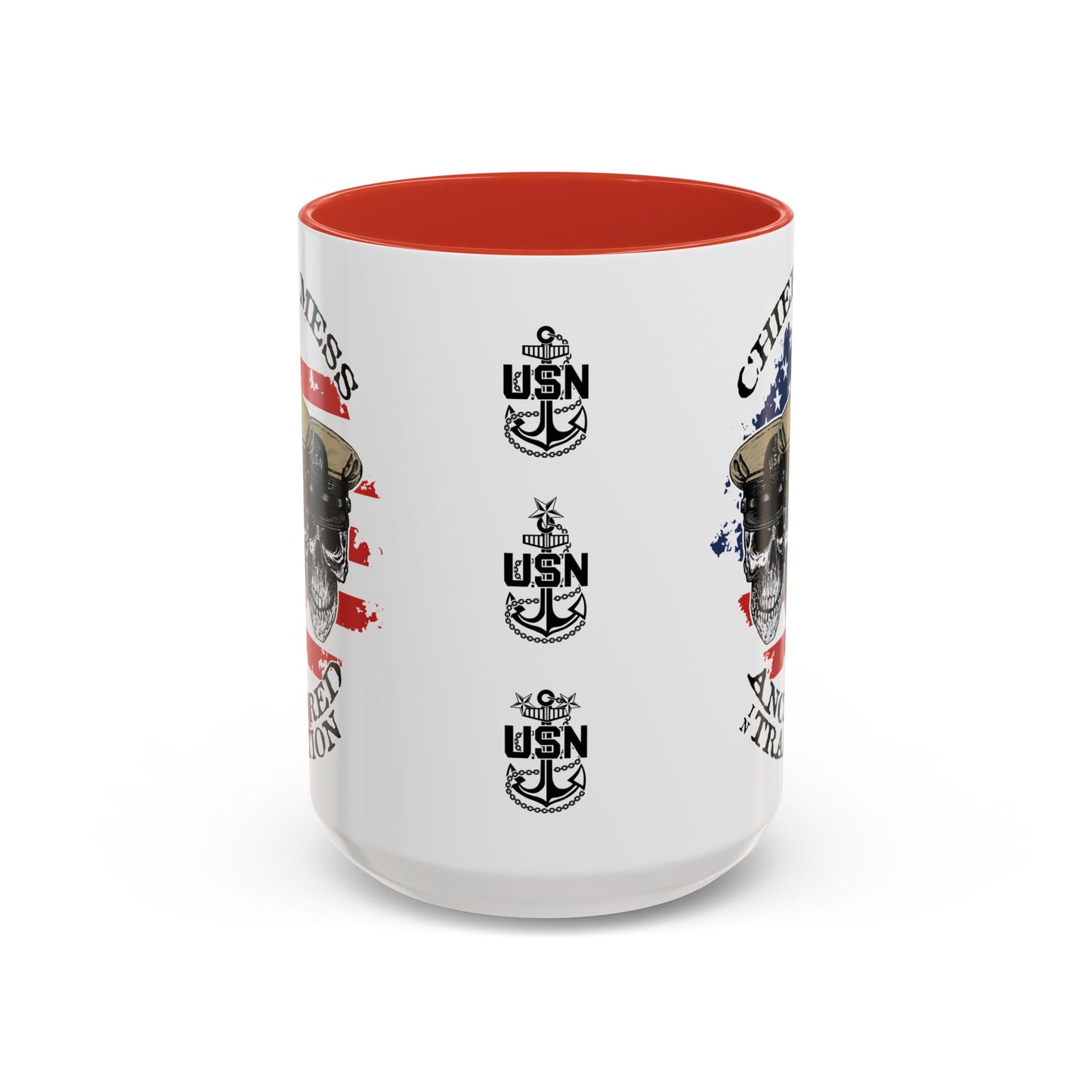 US Navy Chief's Mess Anchored Tradition CPO Sailor Skulls with Distressed USA Flag Accent Coffee Mugs