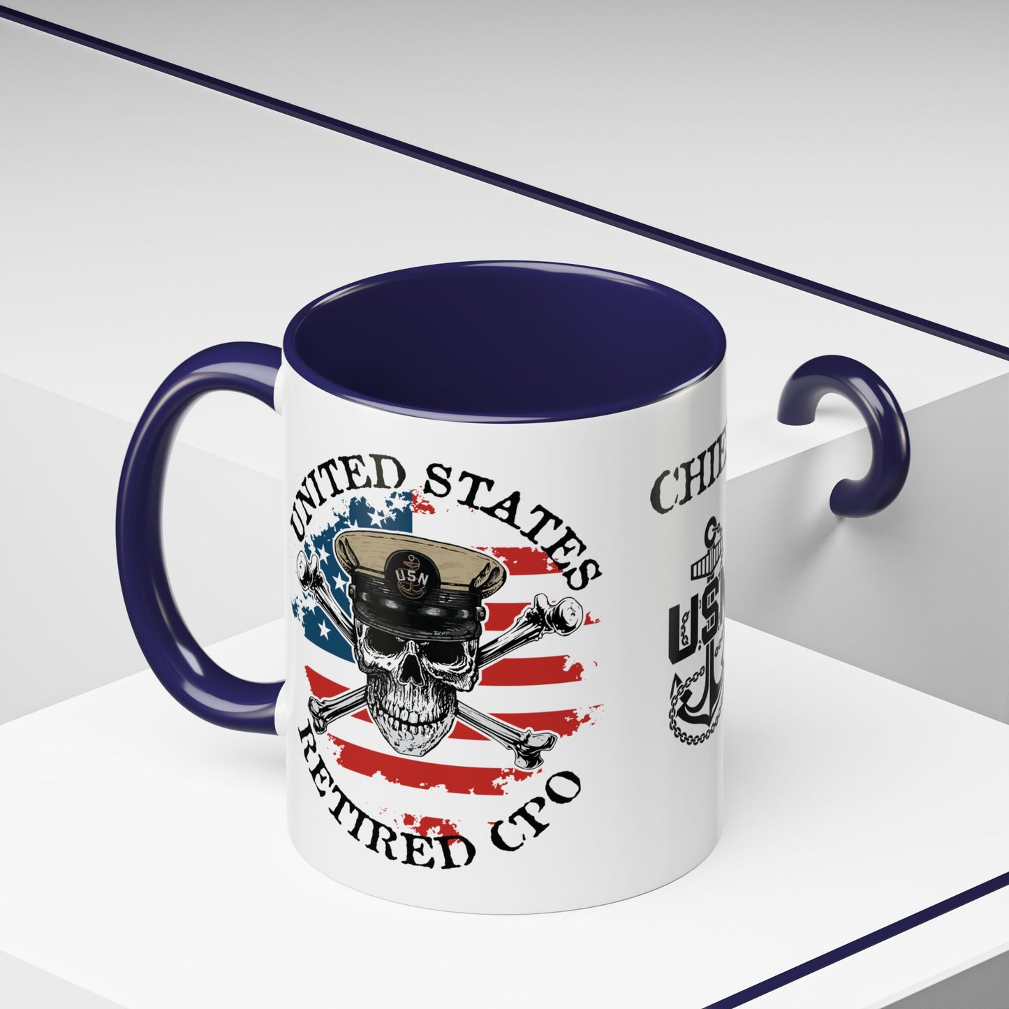 United States Navy Retired CPO Skull Crossbones Chief Petty Officer Anchor with Distressed USA Flag Accent Coffee Mugs