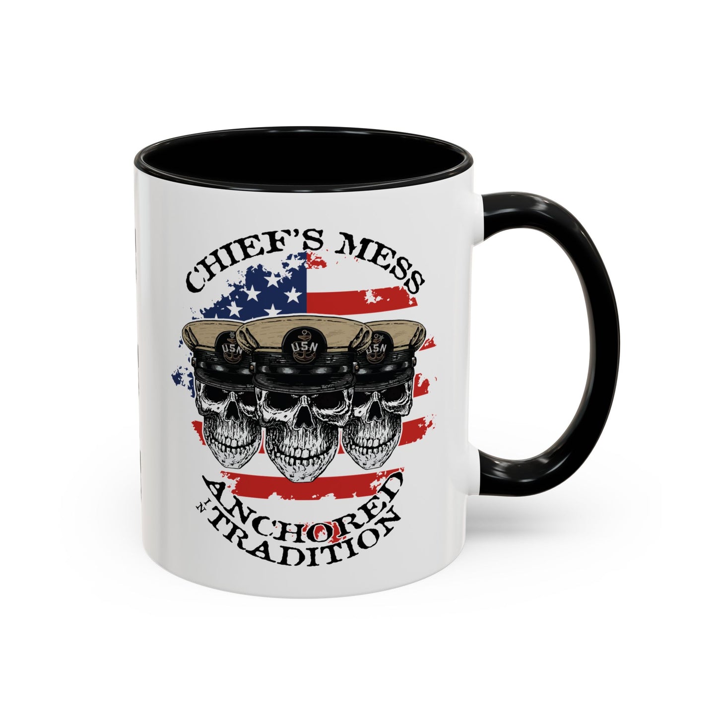 US Navy Chief's Mess Anchored Tradition CPO Sailor Skulls with Distressed USA Flag Accent Coffee Mugs