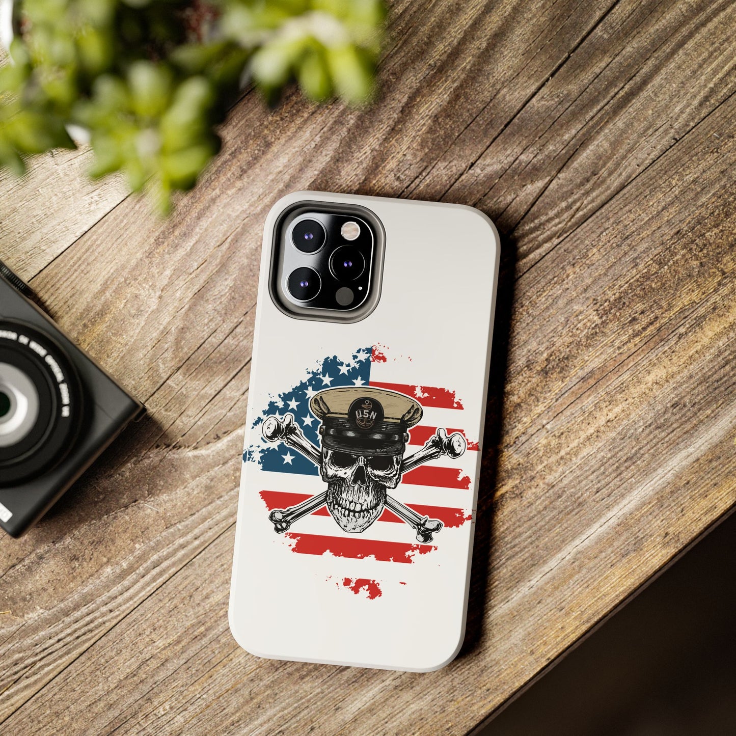 Naval Chief Skull & Crossbones on American Flag White Tough iPhone Case