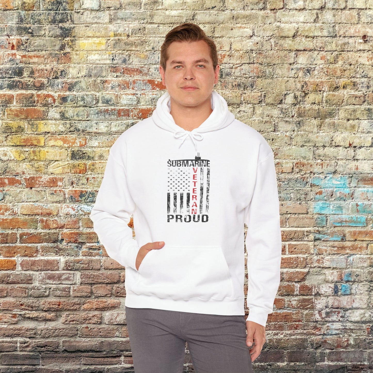 Submarine Veteran Proud Distressed USA Flag with Submarine Unisex Heavy Blend™ Hooded Sweatshirt