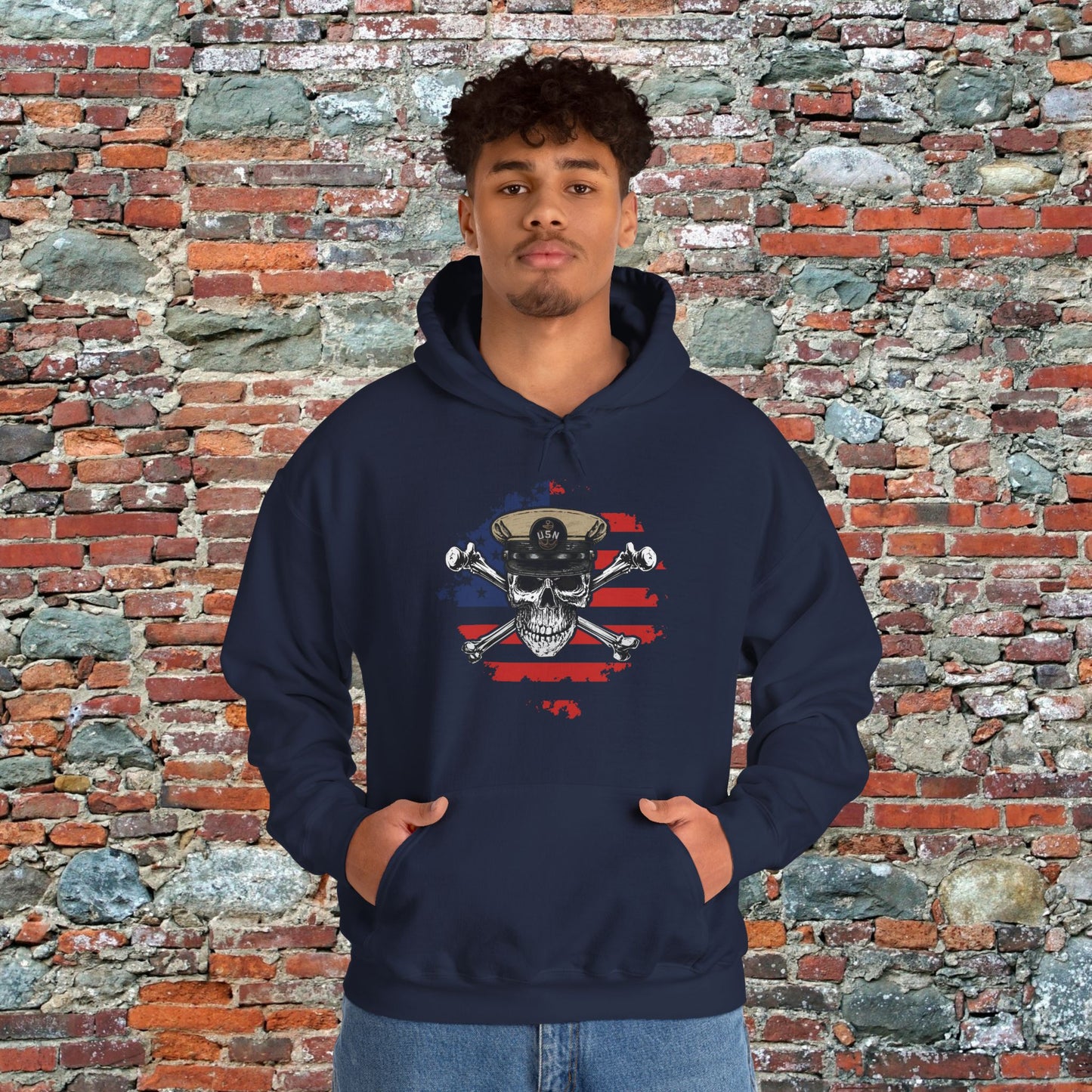 Navy Chief Skull & Crossbones on Distressed American Flag Unisex Heavy Blend™ Hooded Sweatshirt