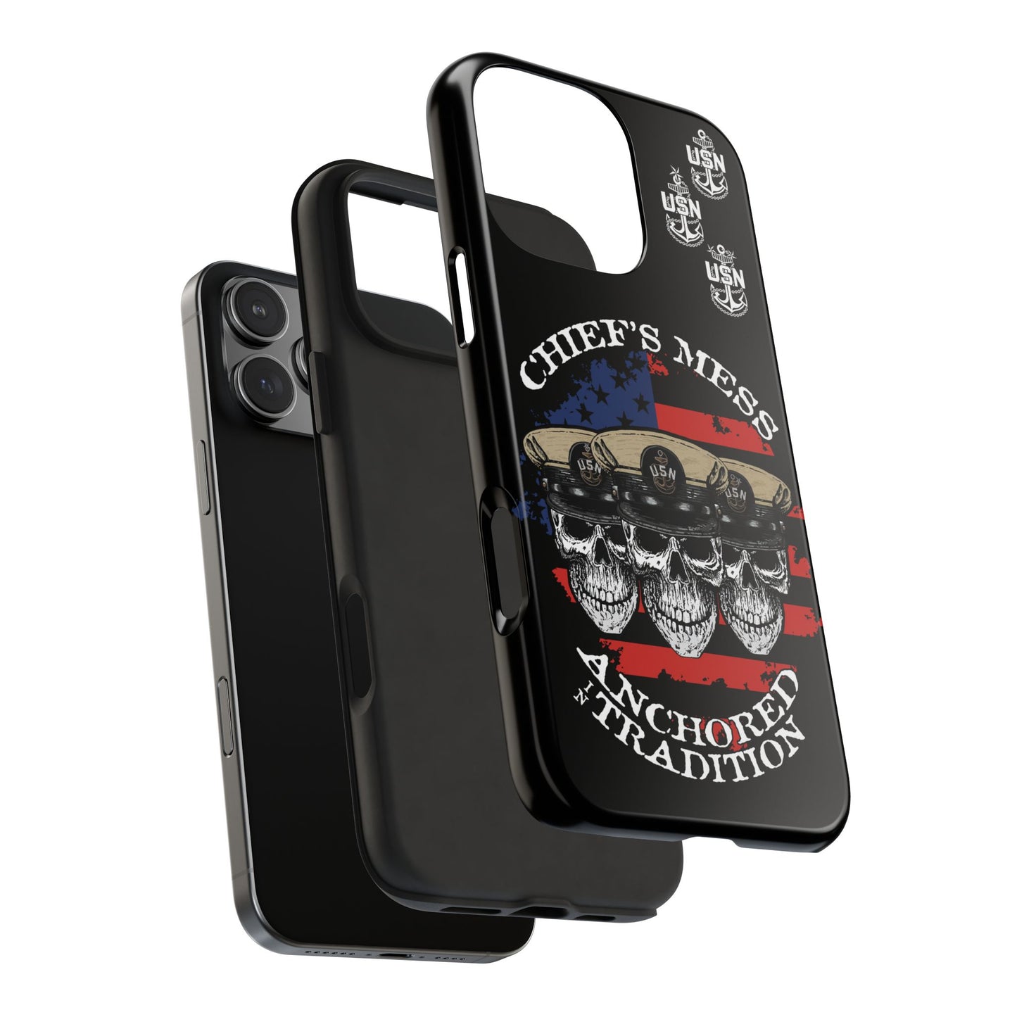 Chief's Mess Anchored Tradition CPO Sailor Skulls on Distressed USA Flag Black Tough iPhone Case
