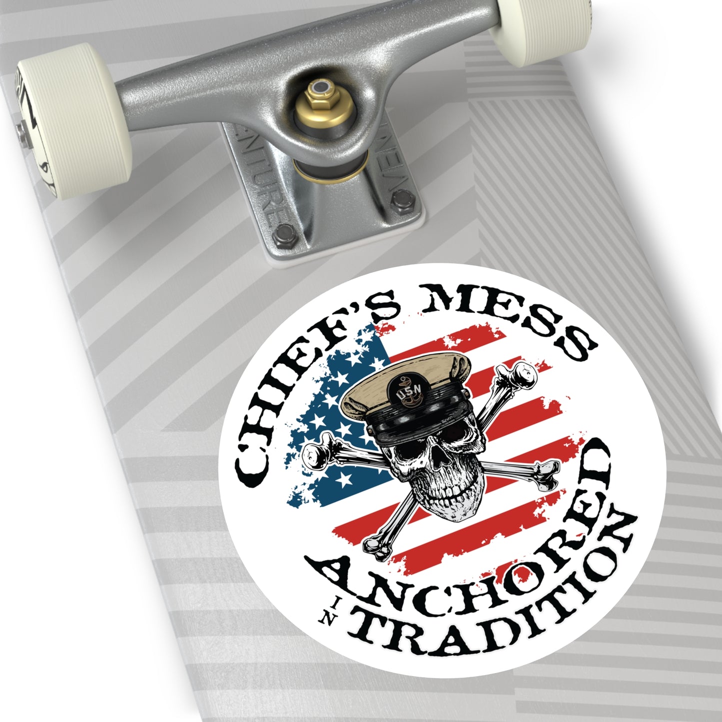 Chief's Mess Anchored Tradition Skull Crossbones on Distressed USA Flag Round Sticker