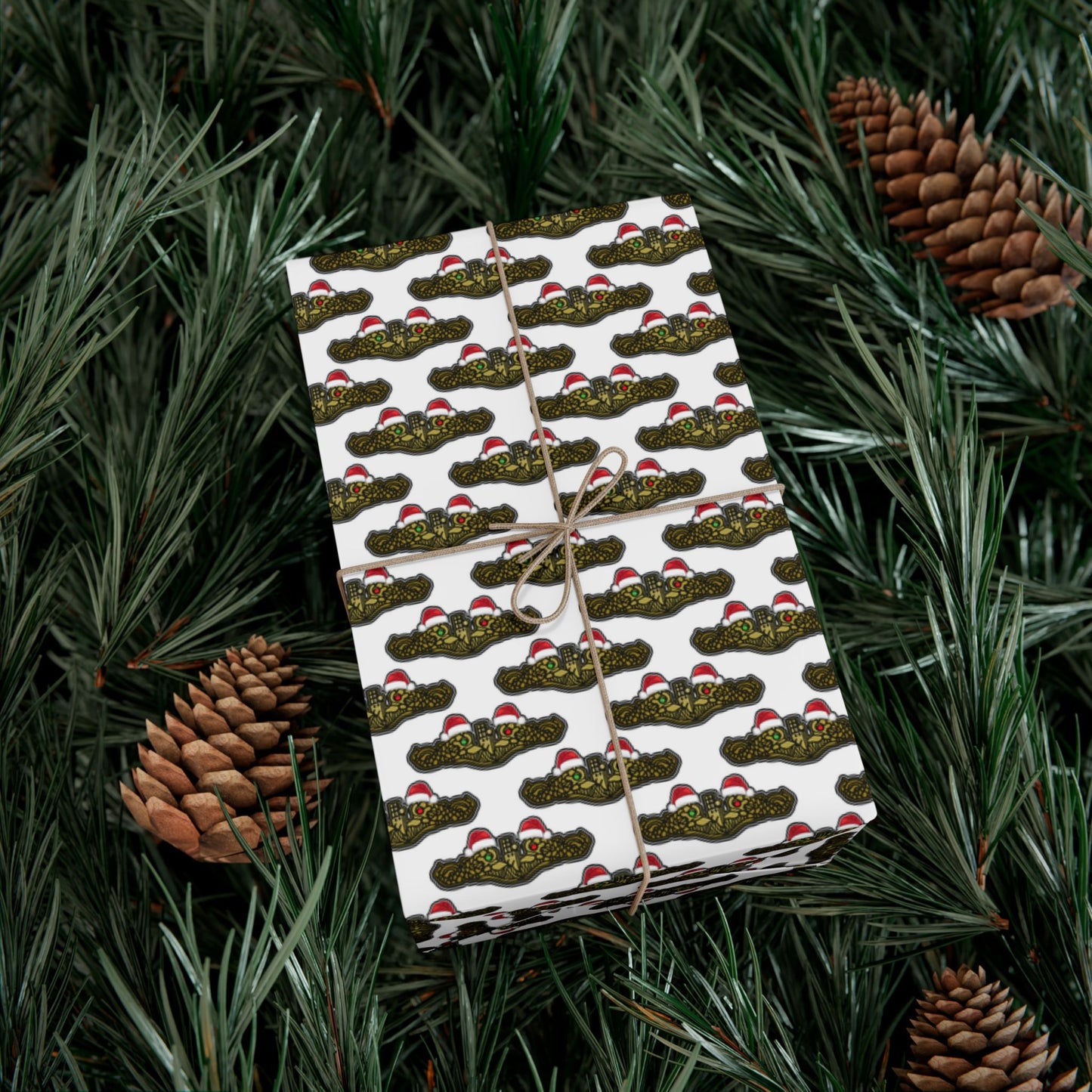 United States Navy Submarine Force Gold Officer Dolphins Christmas Hats with Red and Green Eyes White Gift Wrap Papers