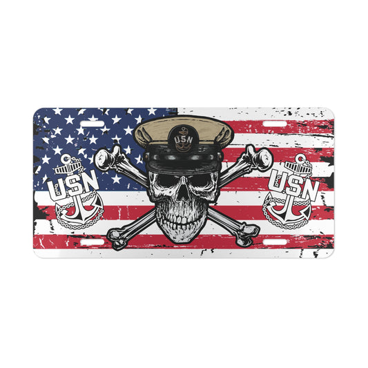 US Navy Chief Skull & Crossbones on American Flag Vanity License Plate