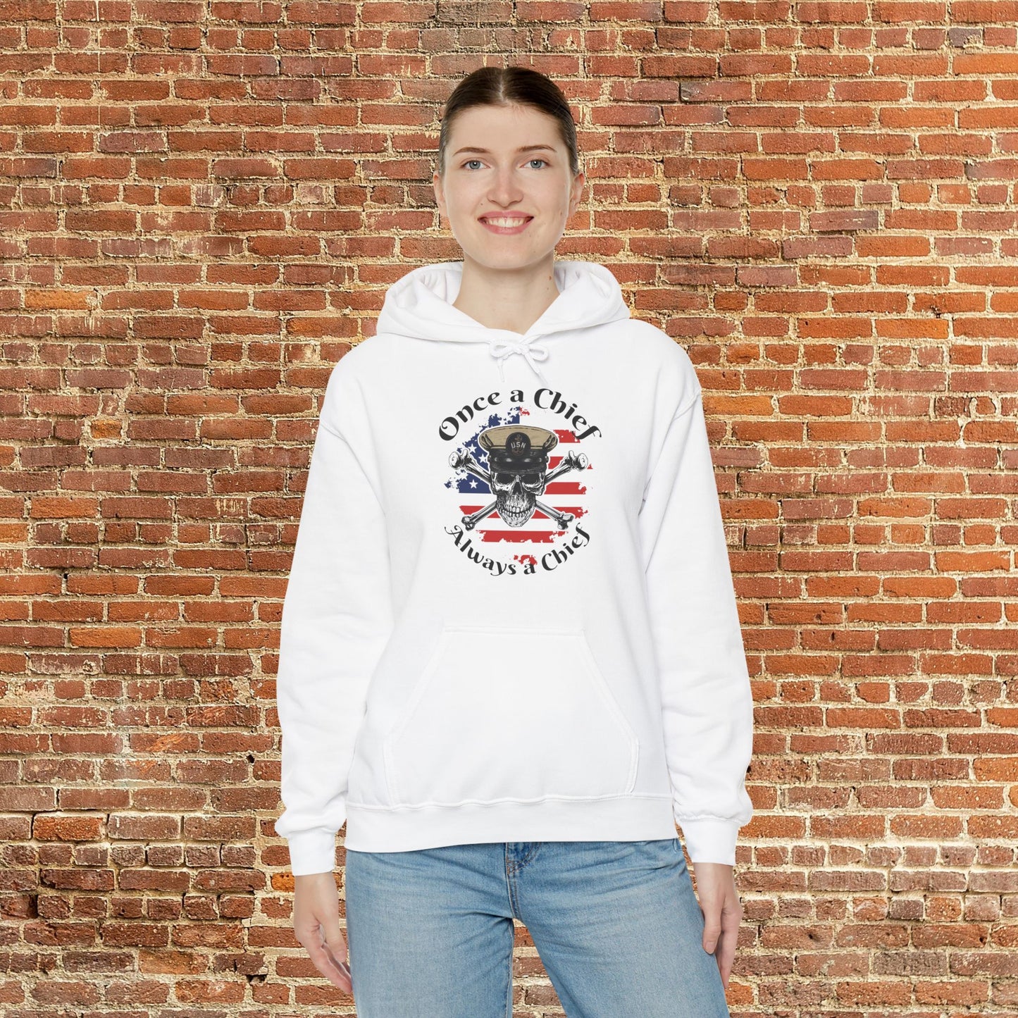 Once a Chief CPO Skull & Crossbones Sailor on Distressed USA Flag Unisex Heavy Blend™ Hooded Sweatshirt