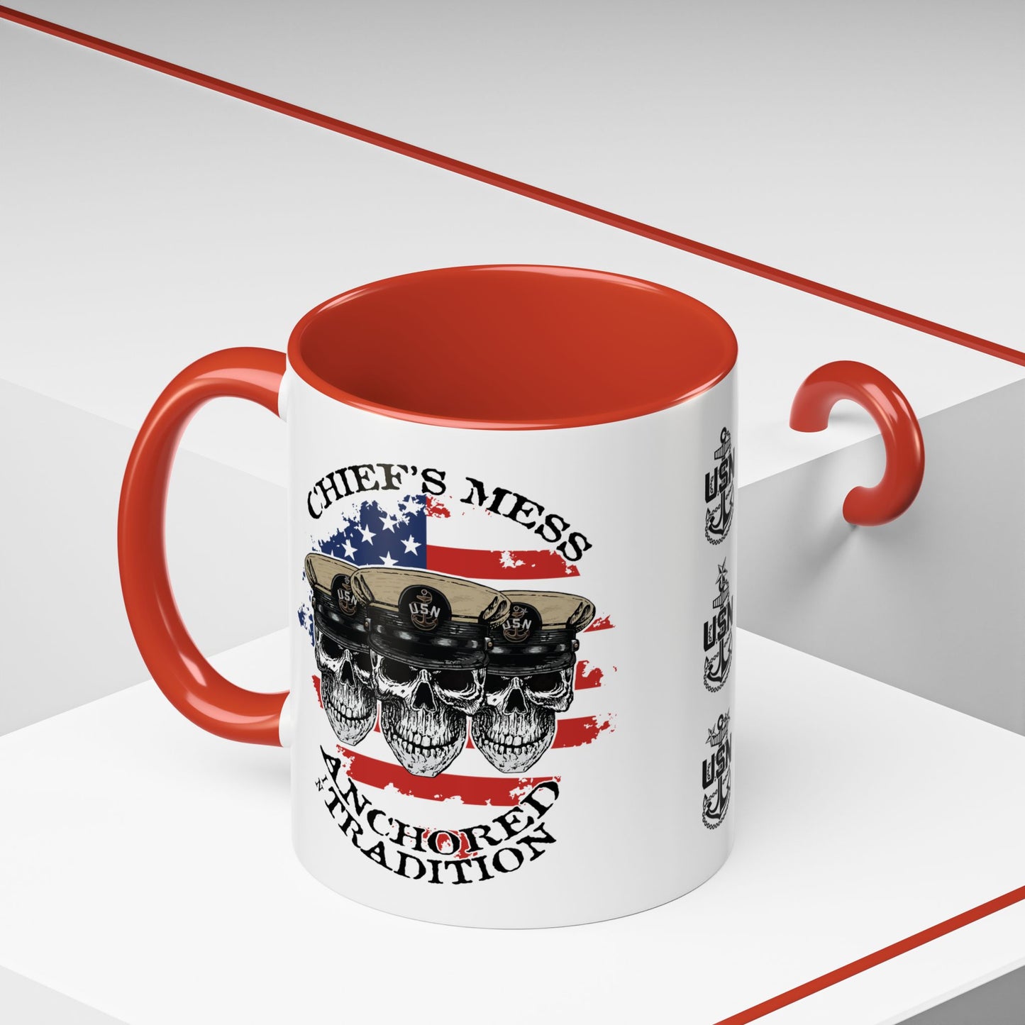 US Navy Chief's Mess Anchored Tradition CPO Sailor Skulls with Distressed USA Flag Accent Coffee Mugs