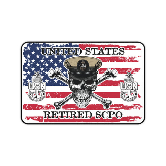 United States Retired SCPO Skull Crossbones Senior Chief with Distressed American Flag Desk Mat