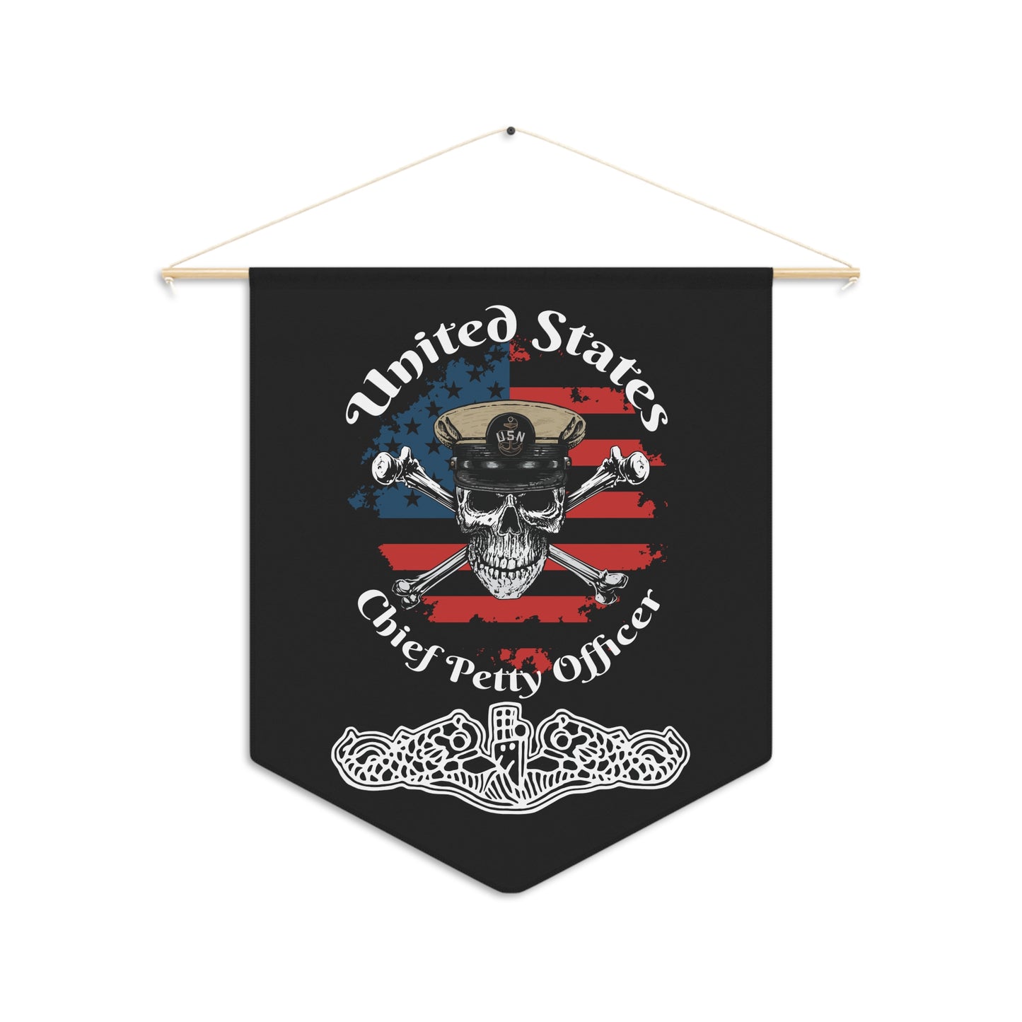 United States Navy Chief Petty Officer Skull & Crossbones on American Flag with Dolphins on Black Pennant