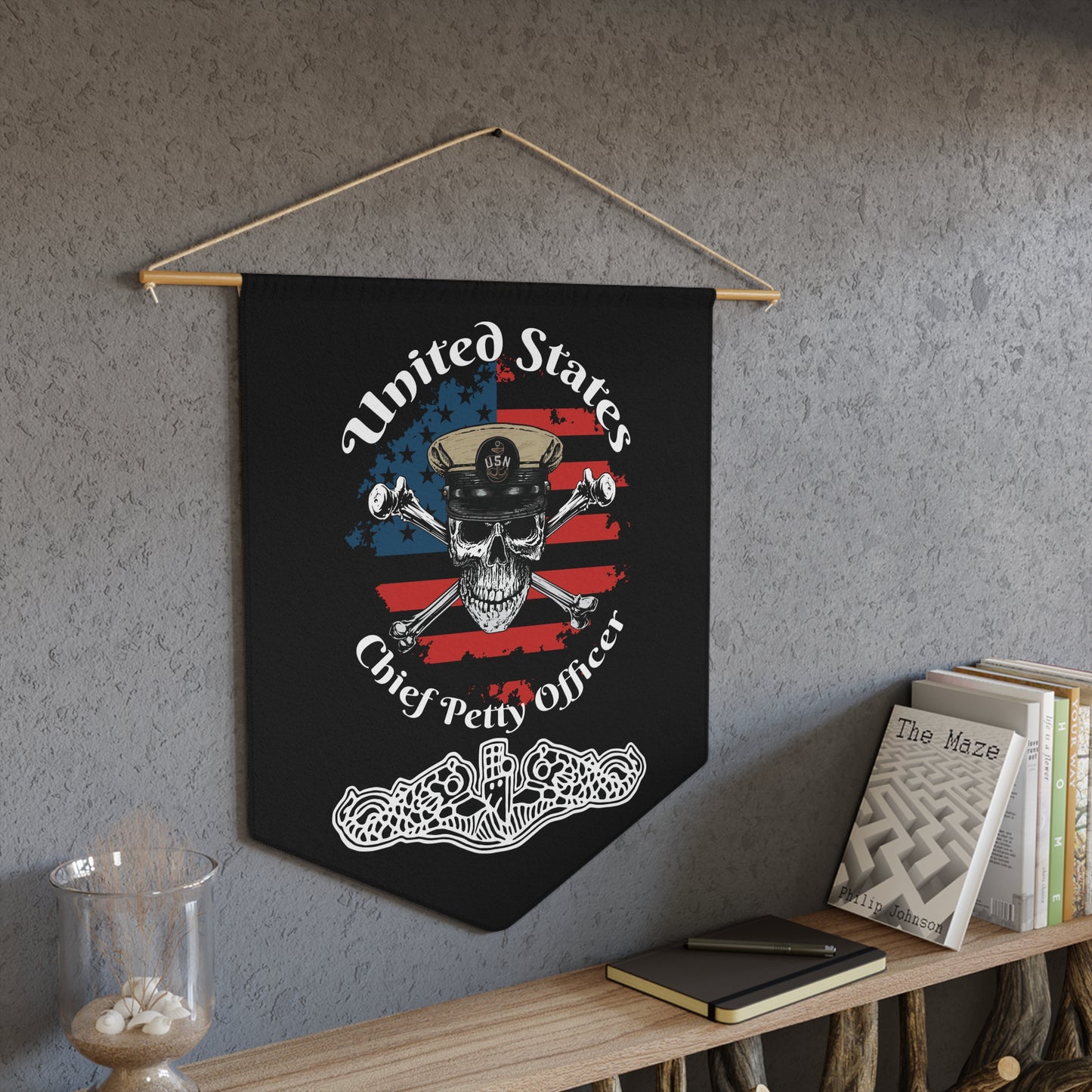 United States Navy Chief Petty Officer Skull & Crossbones on American Flag with Dolphins on Black Pennant