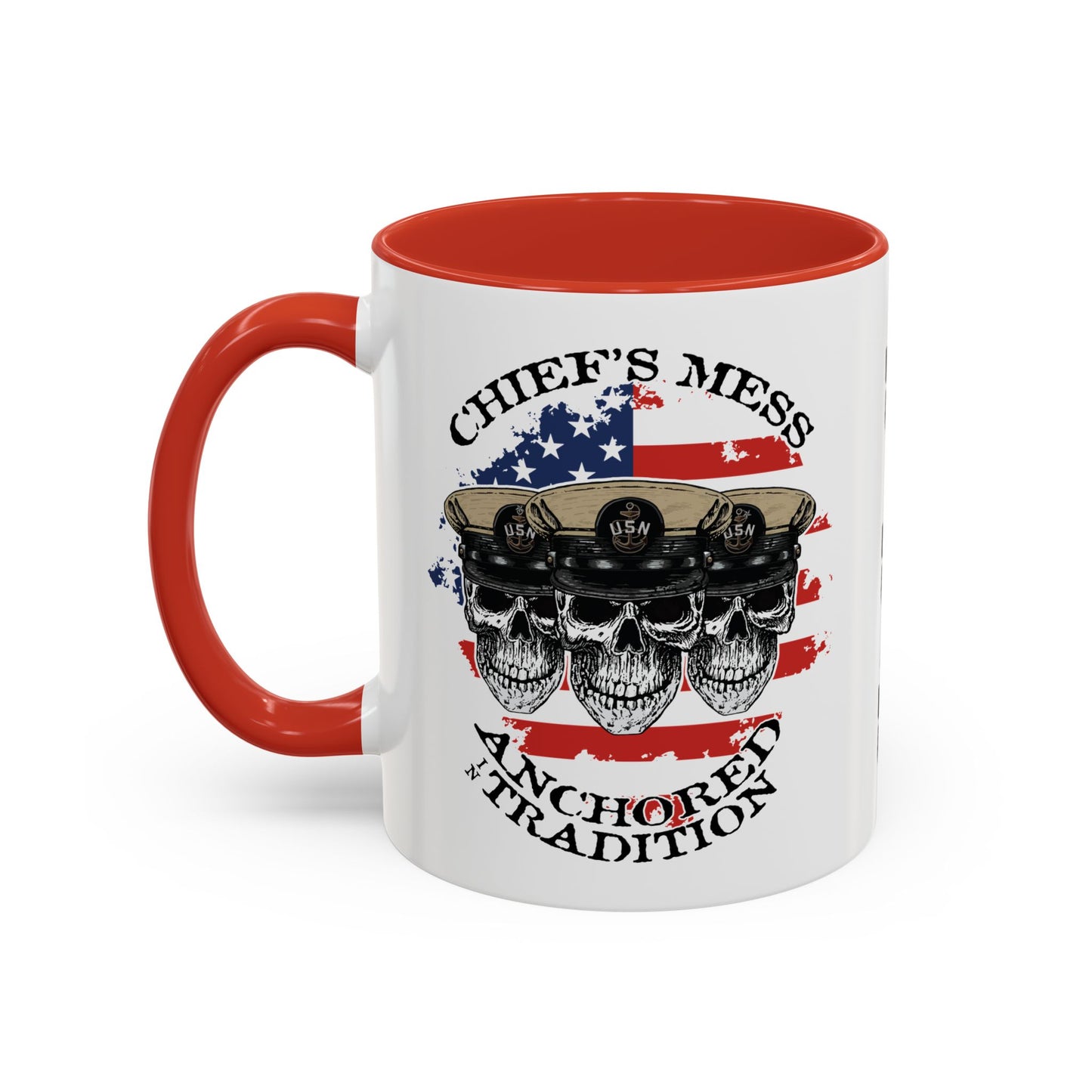 US Navy Chief's Mess Anchored Tradition CPO Sailor Skulls with Distressed USA Flag Accent Coffee Mugs