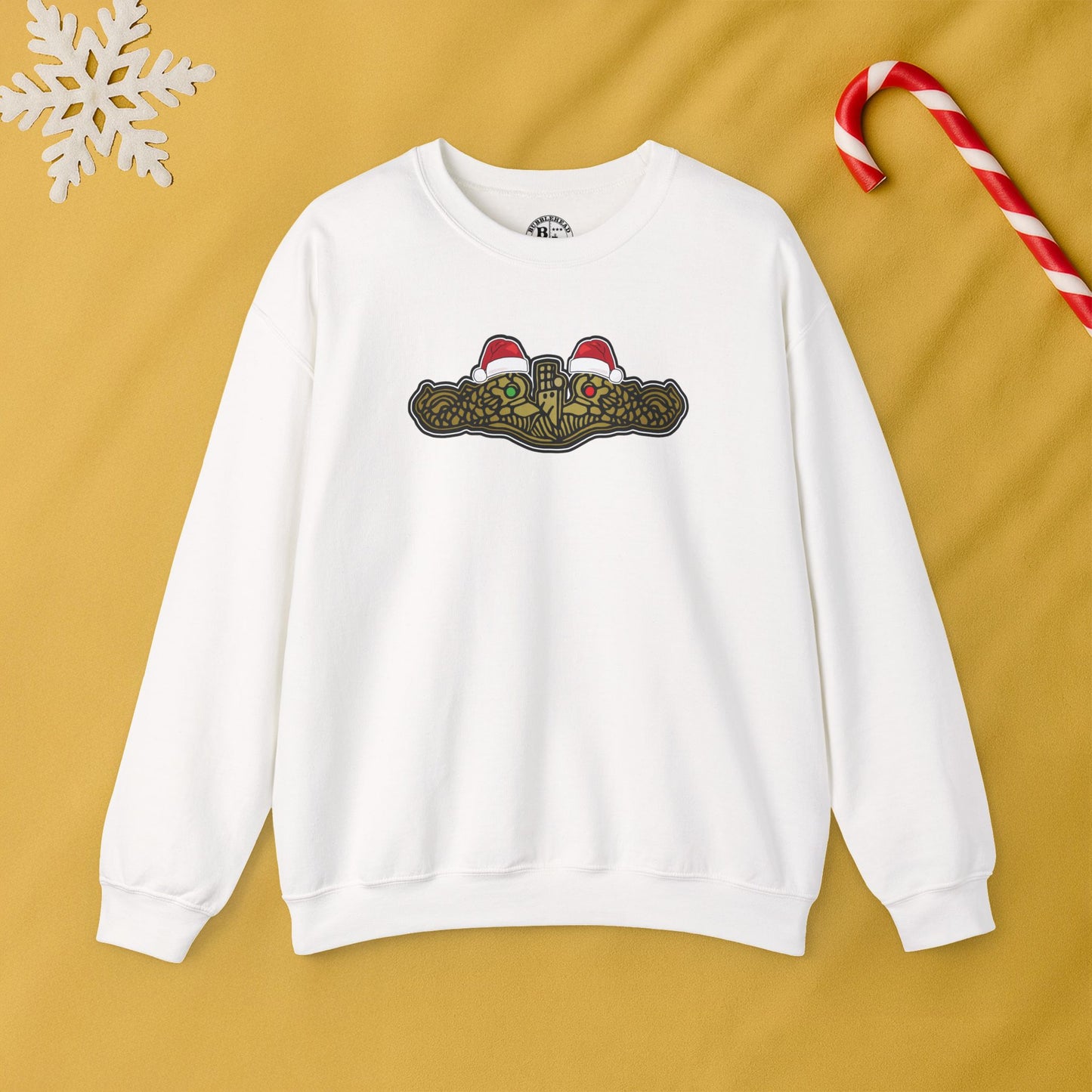 United States Submarine Force Gold Dolphins Christmas Santa Hats with Red and Green Eyes Unisex Heavy Blend™ Crewneck Sweatshirt