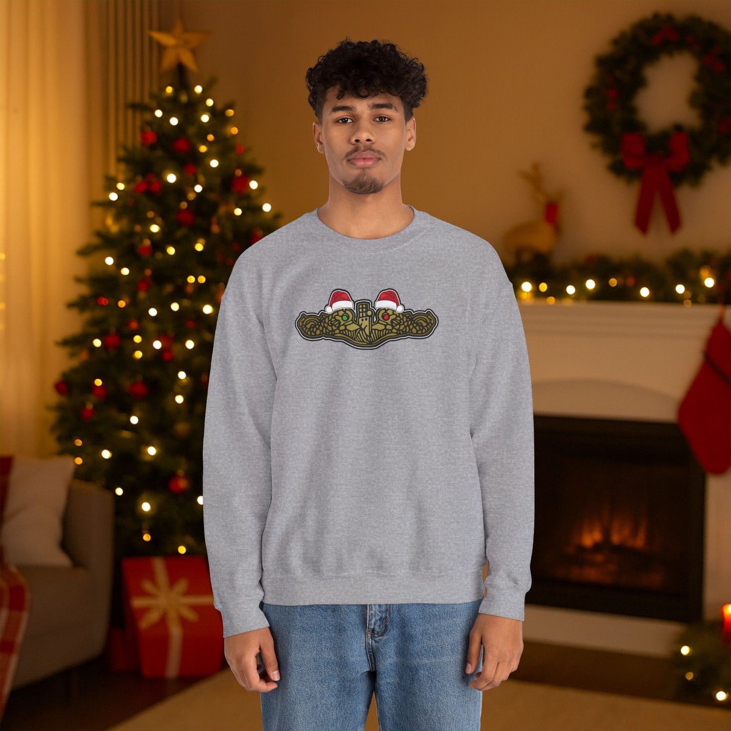 United States Submarine Force Gold Dolphins Christmas Santa Hats with Red and Green Eyes Unisex Heavy Blend™ Crewneck Sweatshirt