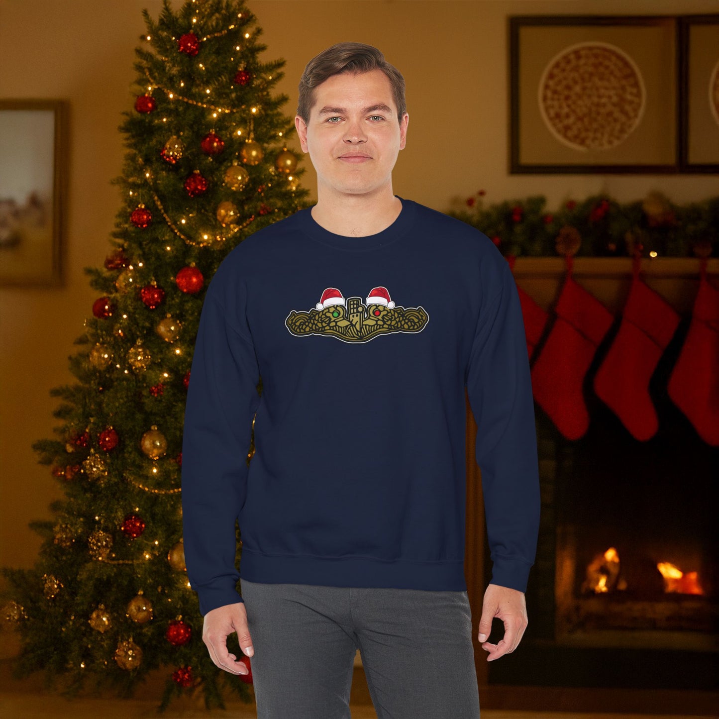 United States Submarine Force Gold Dolphins Christmas Santa Hats with Red and Green Eyes Unisex Heavy Blend™ Crewneck Sweatshirt