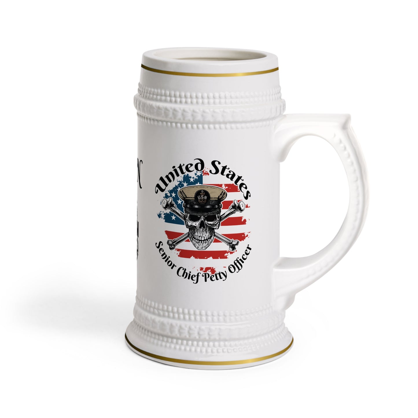United States Navy Senior Chief Petty Officer Skull & Crossbones on American Flag Stein Mug