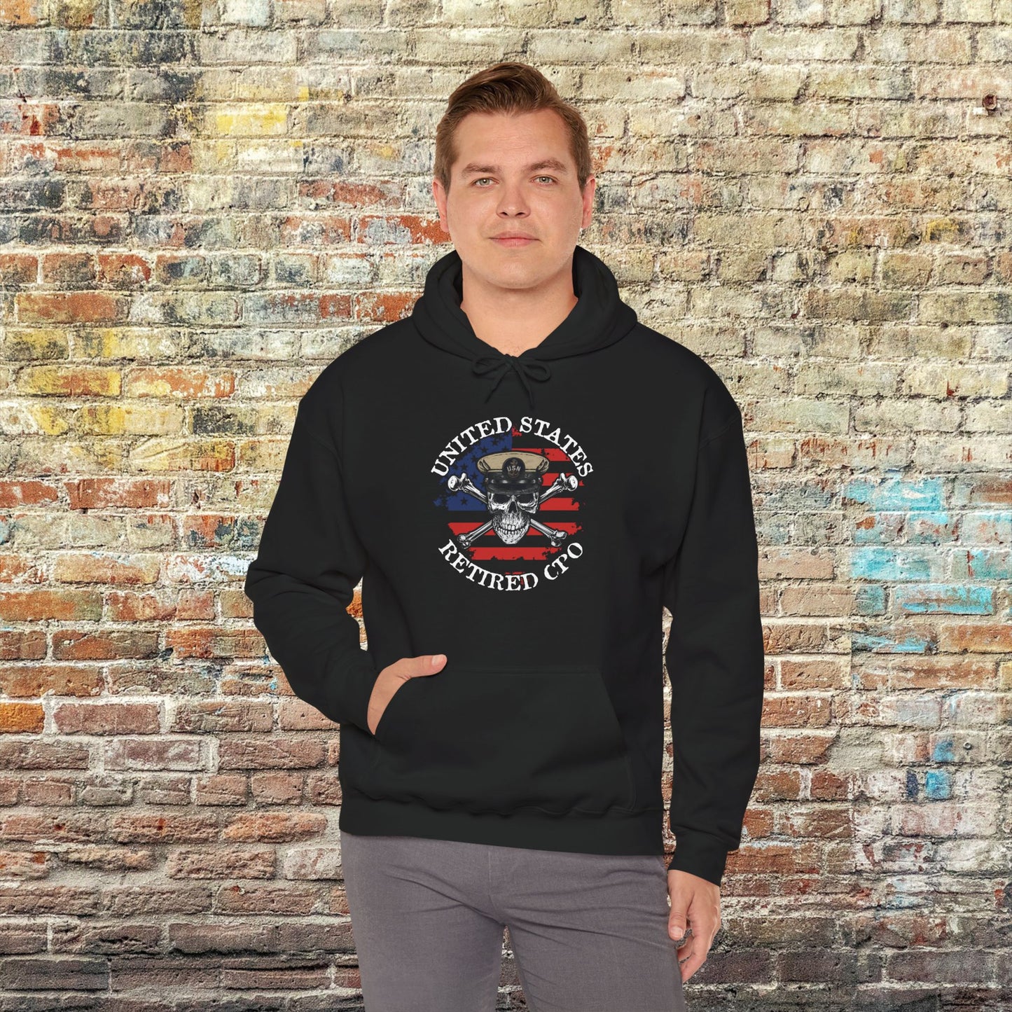 United States Retired CPO Skull Crossbones Chief Petty Officer with Distressed American Flag Unisex Heavy Blend™ Hooded Sweatshirt