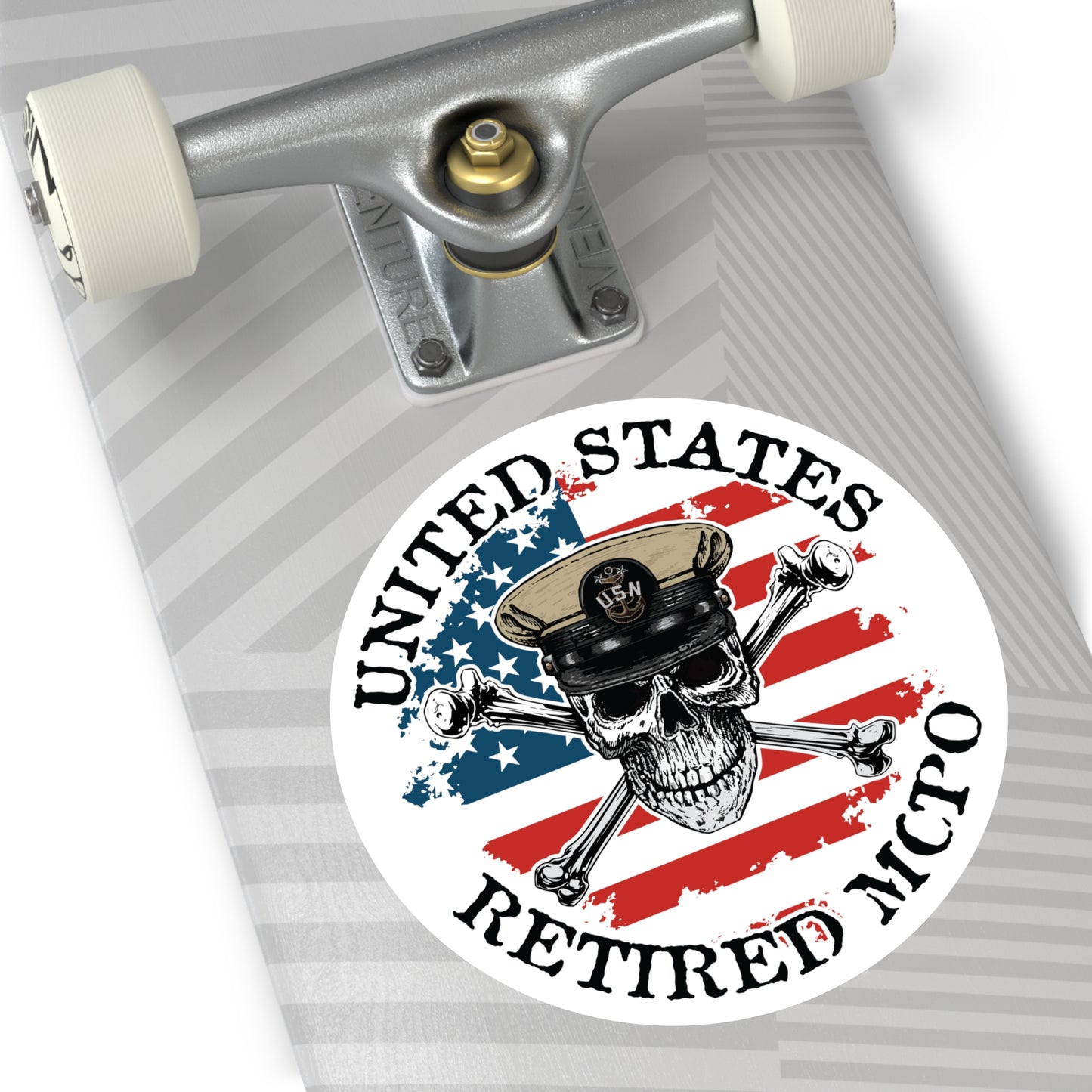 United States Retired MCPO Skull Crossbones Master Chief Petty Officer with Distressed American Flag Master Round Sticker
