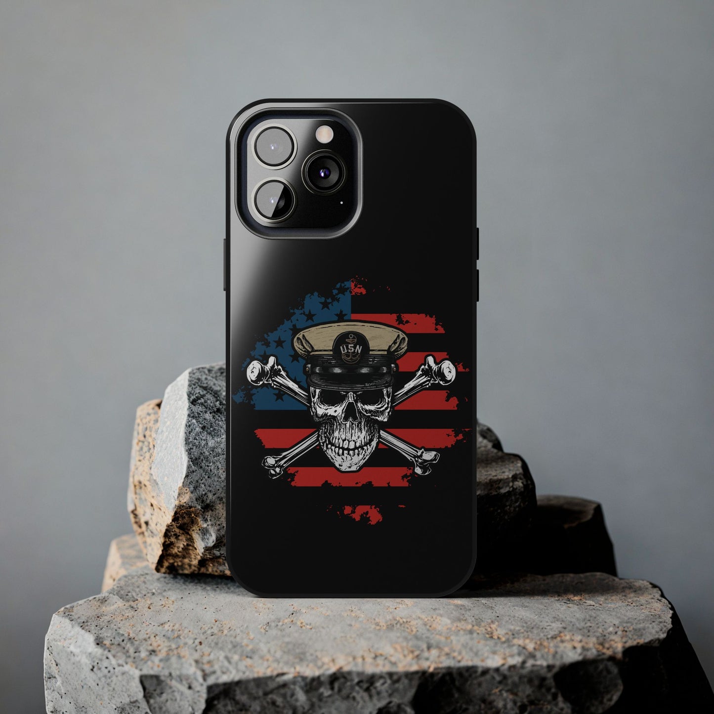 Naval Chief Skull & Crossbones on American Flag Black Tough iPhone Case