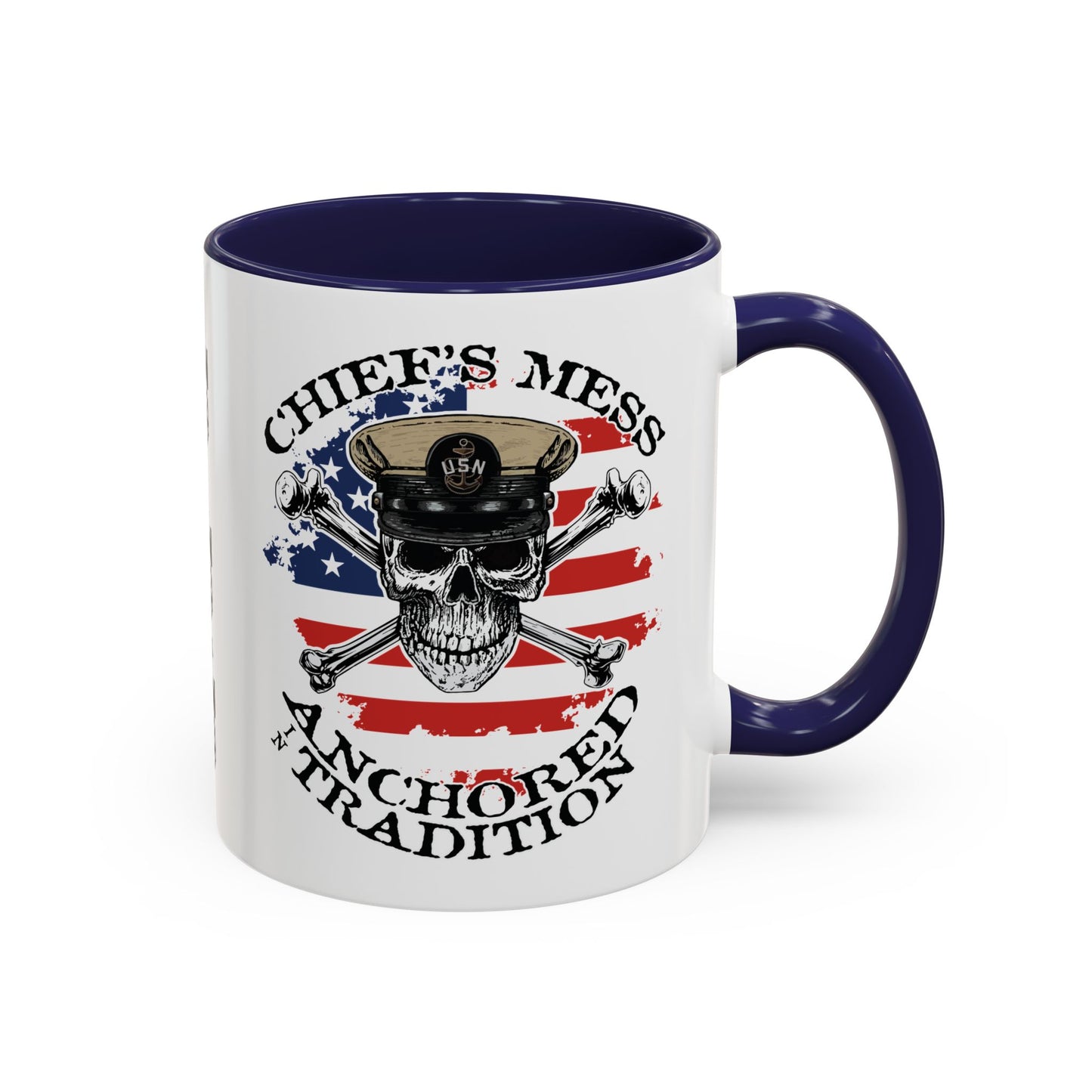 US Navy Chief's Mess Anchored Tradition CPO Sailor Skull with Distressed USA Flag Accent Coffee Mugs