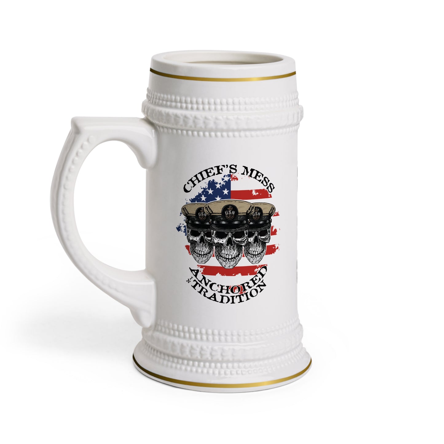 US Navy Chief's Mess Anchored Tradition CPO Skulls on Distressed USA Flag Stein Mug