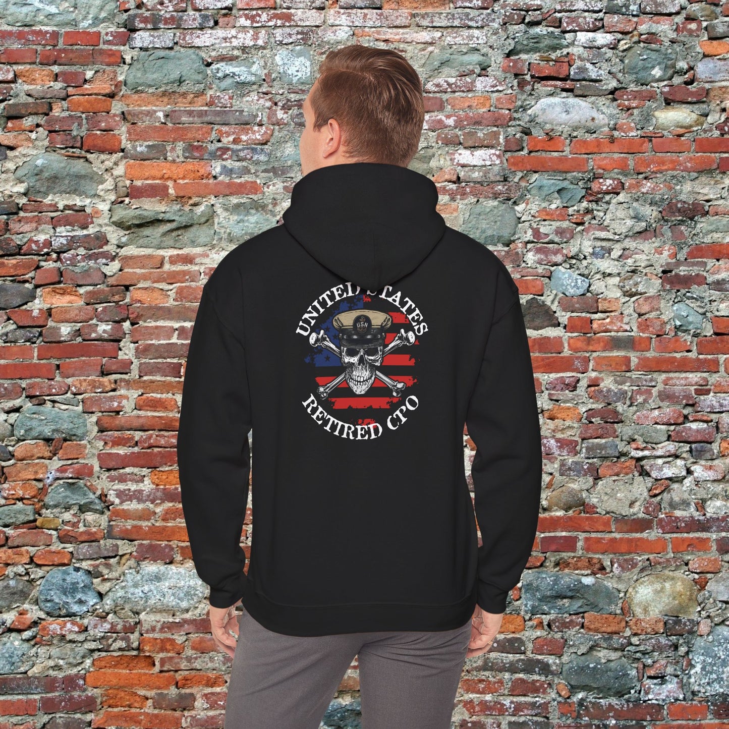 United States Retired CPO Skull Crossbones Chief Petty Officer on Distressed American Flag Mini Front Unisex Heavy Blend™ Hooded Sweatshirt