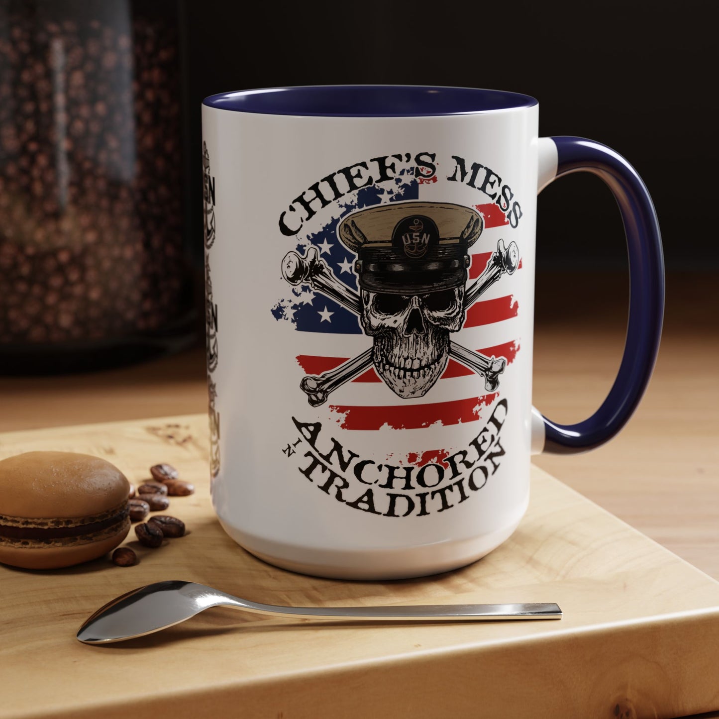 US Navy Chief's Mess Anchored Tradition CPO Sailor Skull with Distressed USA Flag Accent Coffee Mugs