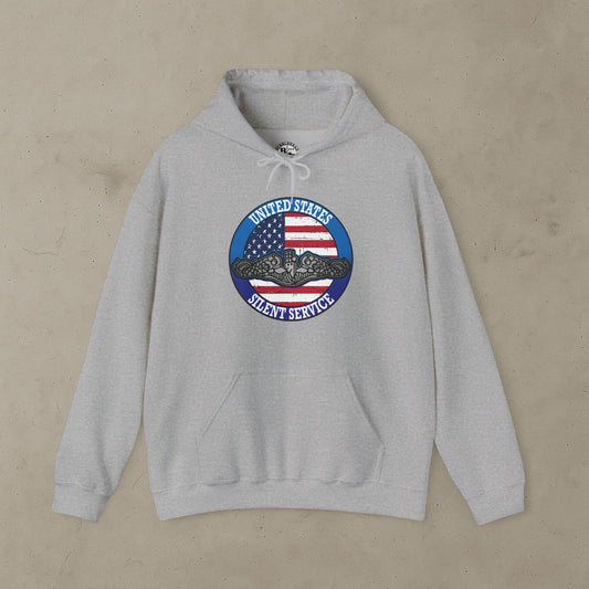 United States Silent Service Submarine Dolphins on Distressed American Flag Unisex Heavy Blend™ Hooded Sweatshirt
