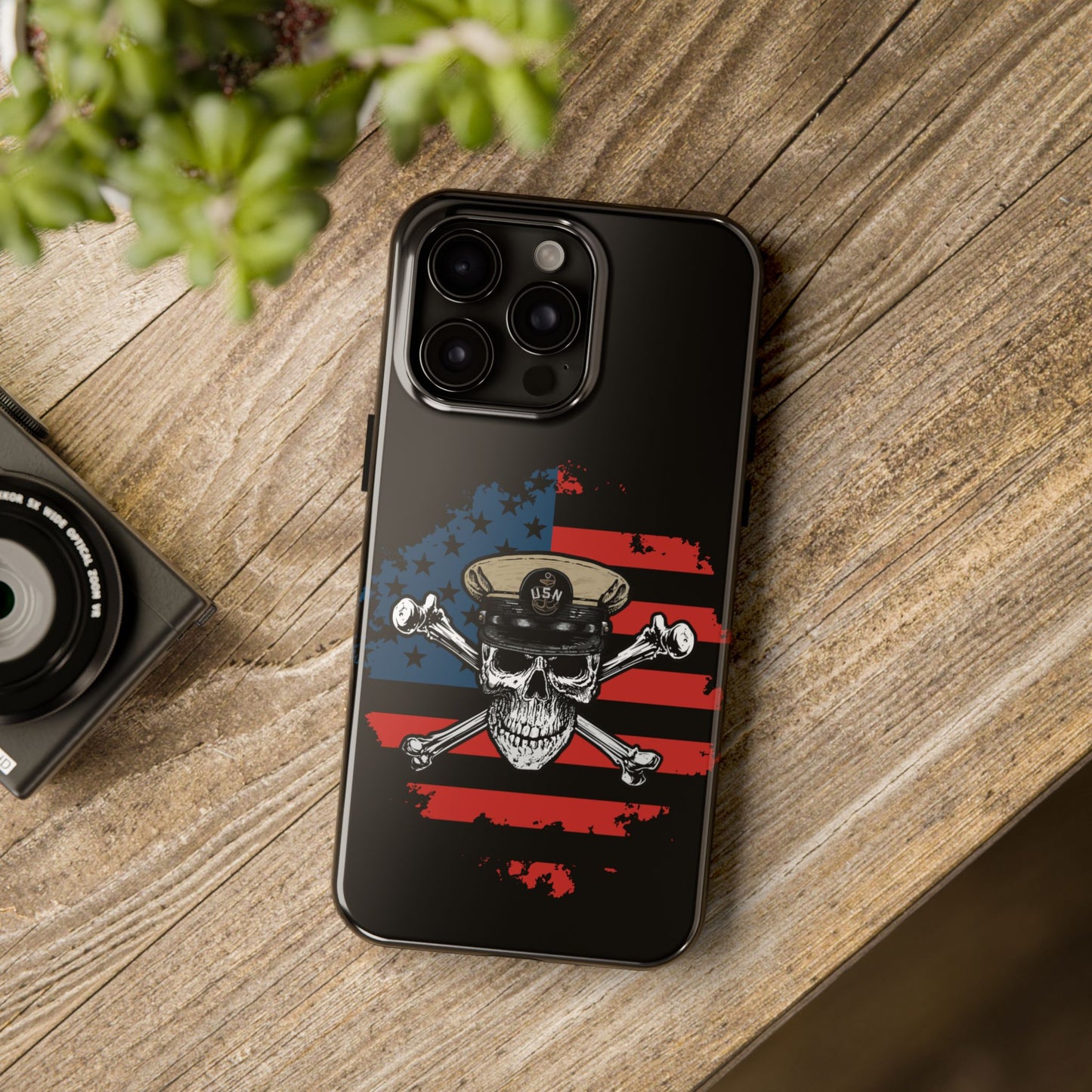 Naval Chief Skull & Crossbones on American Flag Black Tough iPhone Case