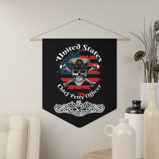 United States Navy Chief Petty Officer Skull & Crossbones on American Flag with Dolphins on Black Pennant