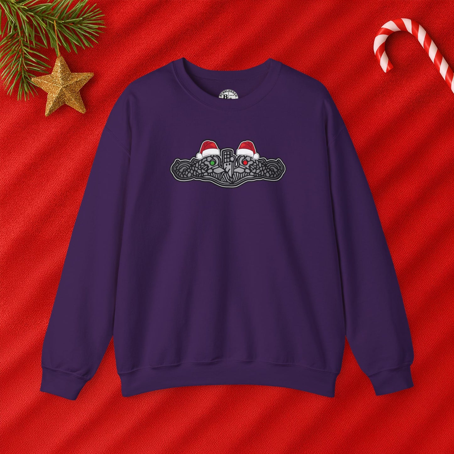 United States Submarine Force Silver Dolphins Christmas Santa Hats with Red and Green Eyes Unisex Heavy Blend™ Crewneck Sweatshirt