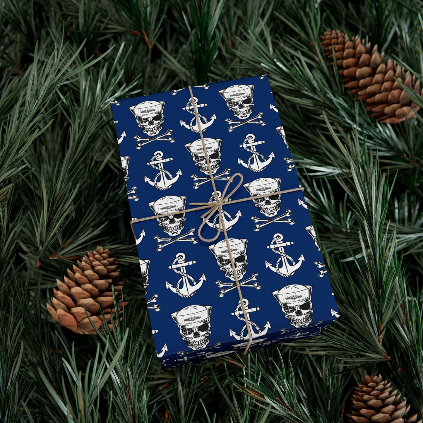 US Navy Submarine Force Sailor Skull Crossbones Wearing Dolphins with Anchors Blue Gift Wrap Papers