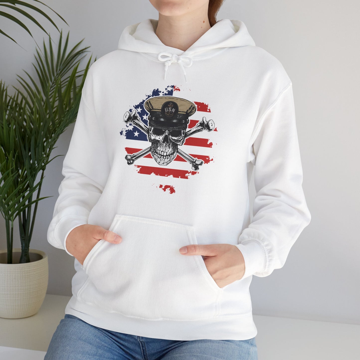 Navy Chief Skull & Crossbones on Distressed American Flag Unisex Heavy Blend™ Hooded Sweatshirt